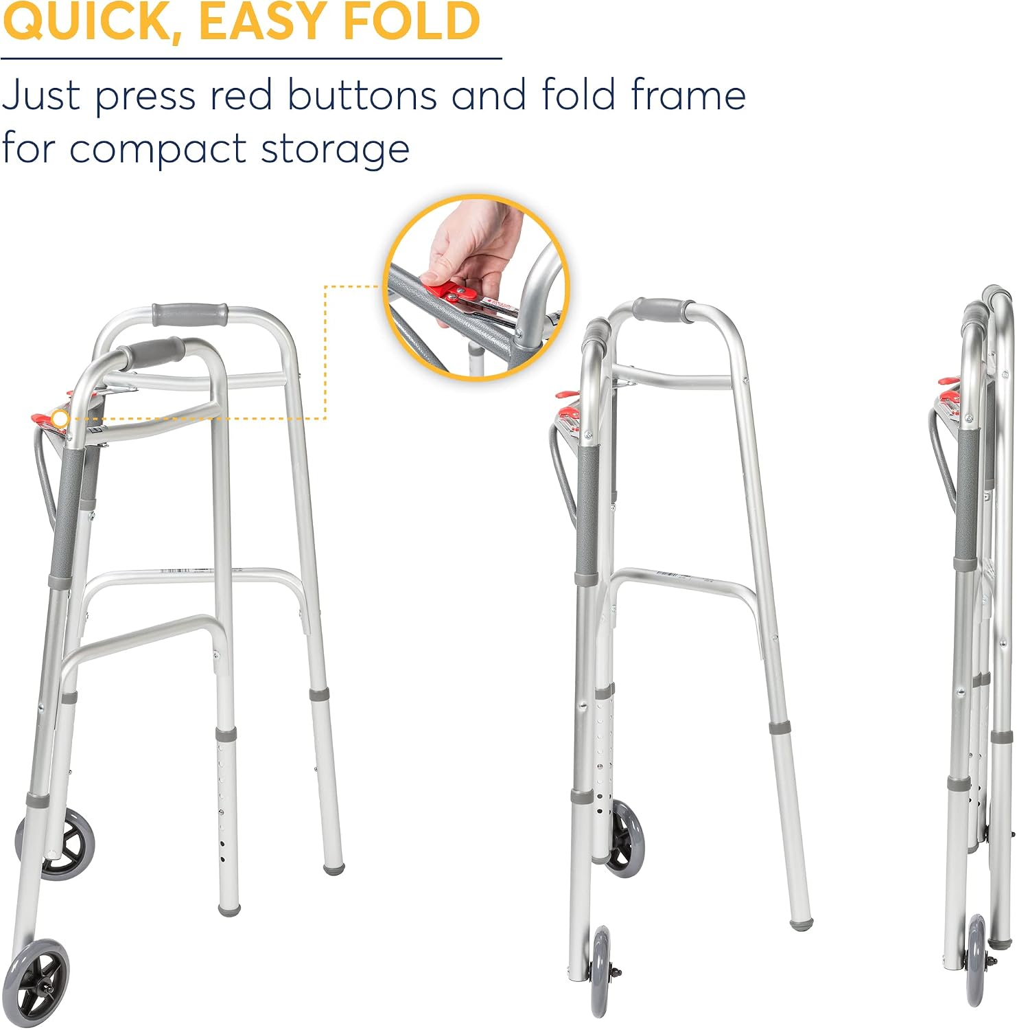 Drive Medical 10210-1 2-Button Folding Walker with Wheels, Rolling Walker, Front Wheel Walker, Lightweight Walkers for Seniors and Adults Weighing Up To 350 Pounds, Adjustable Height, Silver