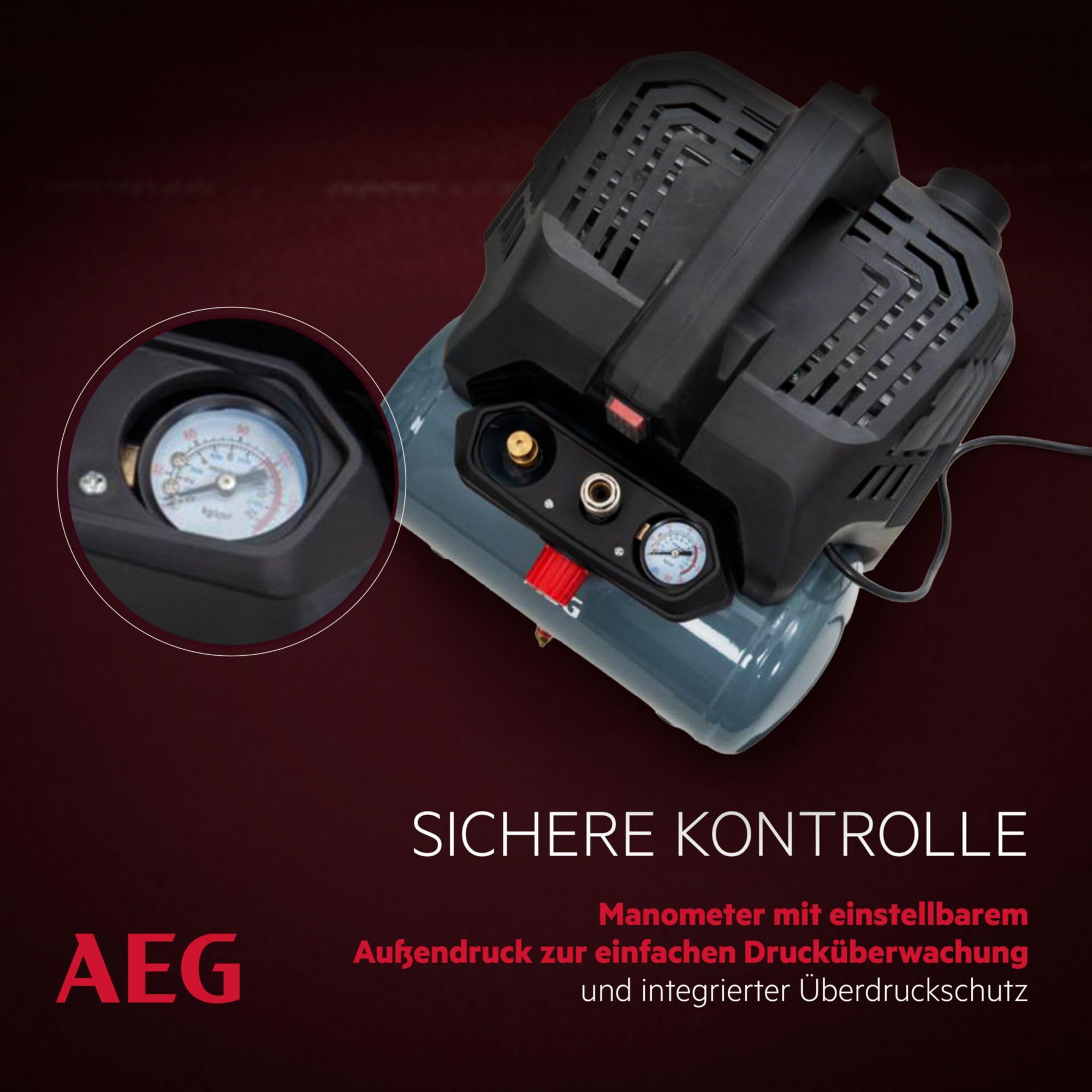 AEG KL6 Compresor de aire comprimido silencioso y potente para taller, hogar, ocio, versátil, libre de mantenimiento, libre de aceite, 56 dB, potencia del motor 1,5 CV, tanque 6 L, 8 bar, 206 l/min