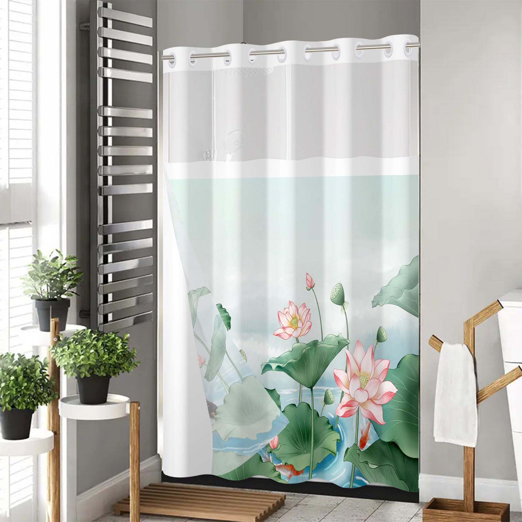 Lotus Duschvorhang Ohne Haken – Mit Blumenmuster, Wasserdicht, Inkl. Einrastfutter, 180x188 Cm