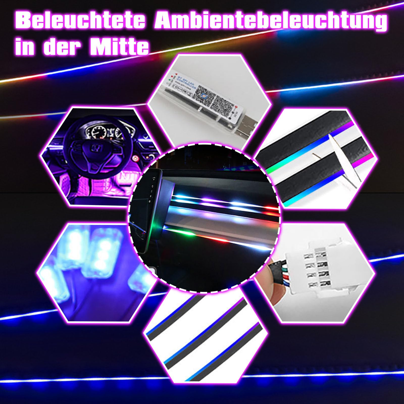 Oświetlenie wewnętrzne LED do samochodu, 6/10 w 1, RGB, akrylowa taśma z aplikacją i pilotem zdalnego sterowania, neonowe listwy świetlne, wielokolorowa, migająca zmiana kolorów z muzyką (bez światła