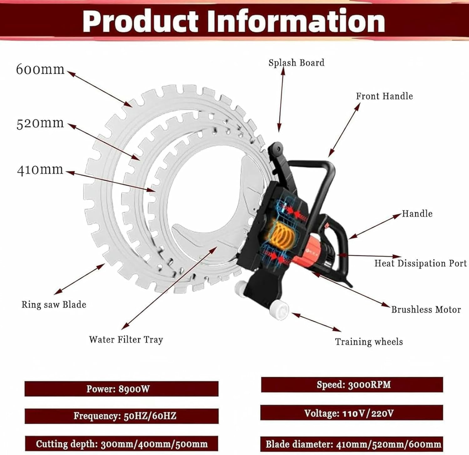 Concrete Circular Saw, 8900W Pure Copper Motor, 3300 RPM, Electric Circular Saw with Blades
