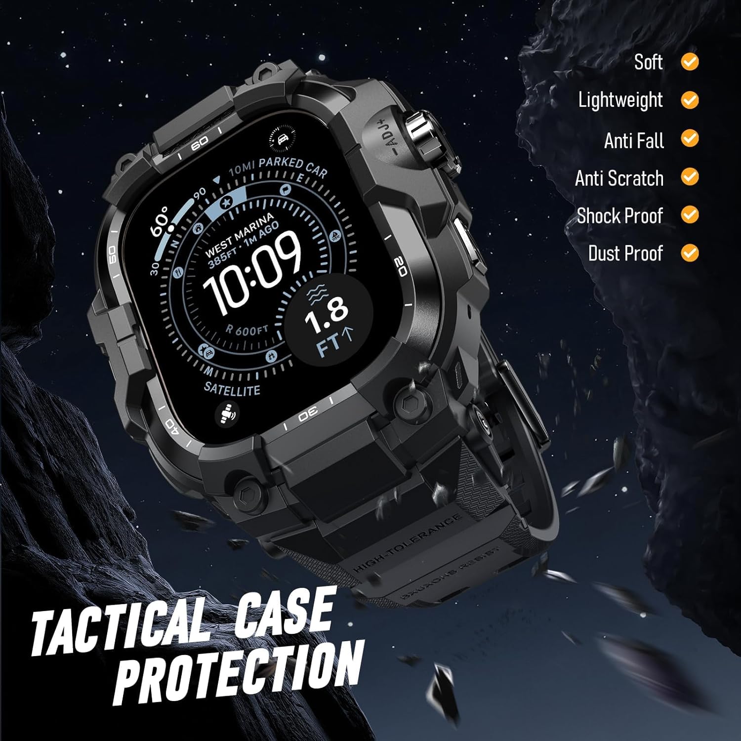 BXUXOHS Rugged Case and Band for Apple Watch Ultra 3/2/1 49mm Men, Military Grade Shockproof Bumper Cover, with 2 Pack Screen Protector, Tactical Band Case for iWatch Ultra 3 2 1 Man, Black - Image 6