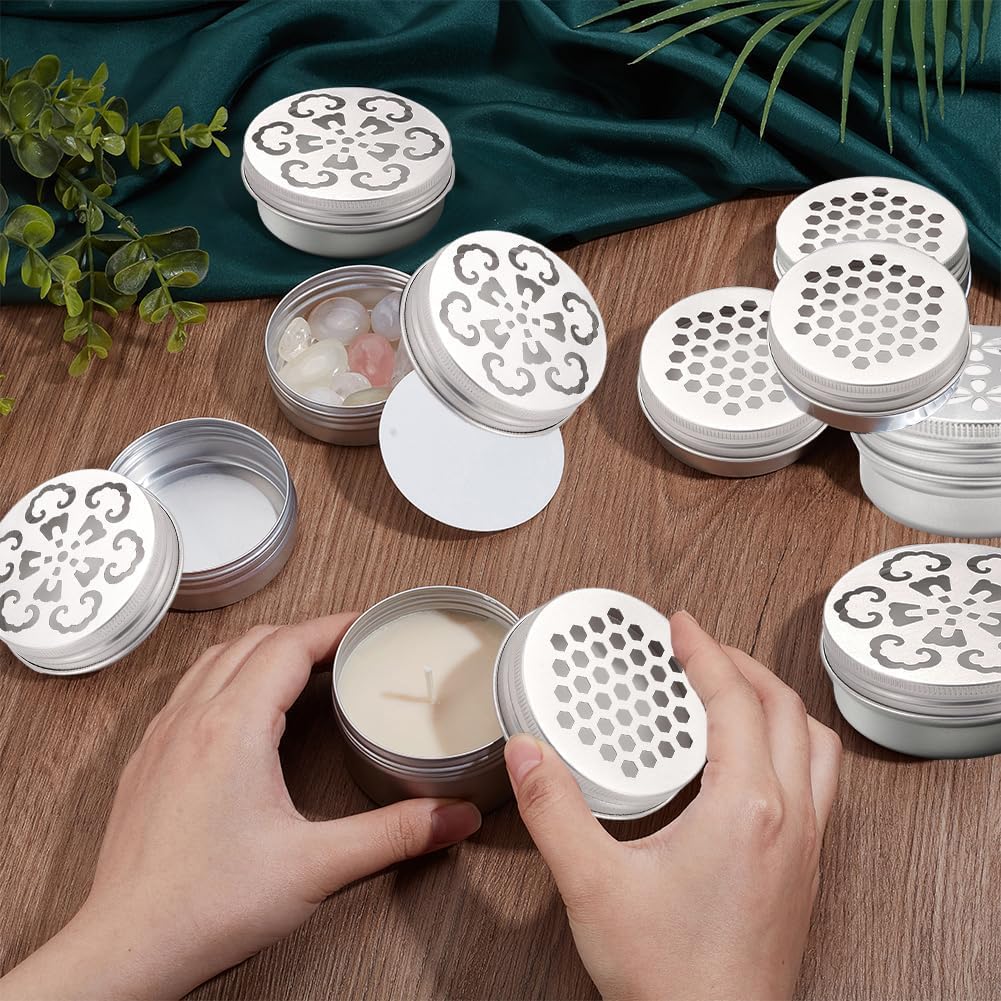 PH PandaHall 12 pz Lattine In Alluminio 3 Contenitori Rotondi In Metallo Stile Lattine Vuote con Coperchi Cavi Contenitori Ricaricabili per Aromaterapia Deodorante per Ambienti Casa Estivi 7x2.6 cm