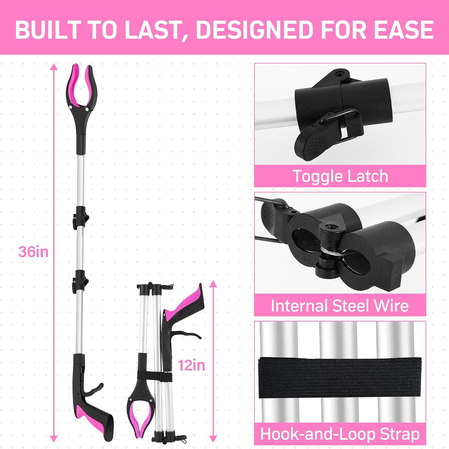 Grabber Reacher Tool for Seniors, 36" Foldable Reacher Grabbers Pickup Stick with Anti-Slip 360° Rotating Jaw, with Magnet for Disabled, After Surgery Recovery (Pink, 36Inch 1 Pack)
