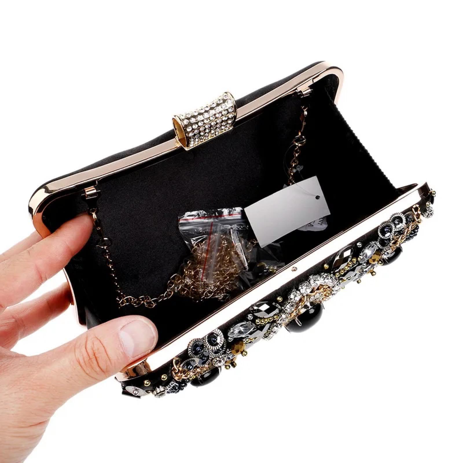 Abendtasche Damen Clutch Kleine Perlen Clutch Geldbörse Elegante Schwarze Abend Taschen Hochzeits Party Clutch Handtasche Metall Kette Umhängetaschen