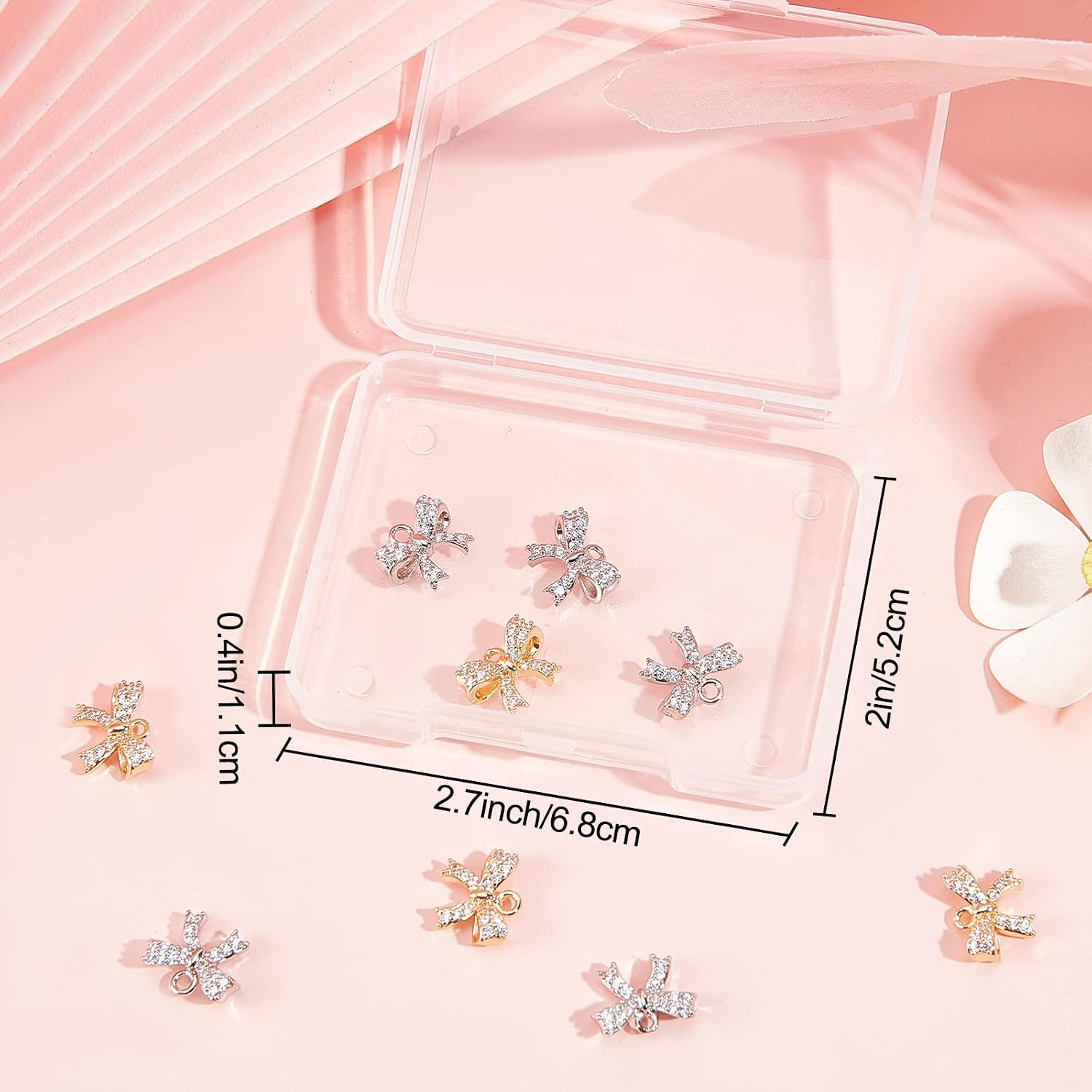 Beebeecraft 1 Box 12Pcs Gold Silver Bowknot Charms Tiny Cubic Zirconia Bow Dangle Pendants Charm with Loop for Jewellery Making 13x10mm