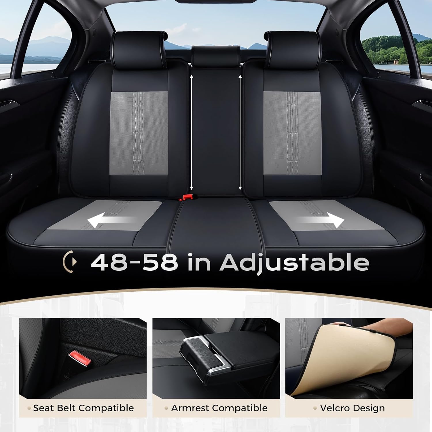 Coverado Car Seat Covers Full Set, Front Seat Covers with Lumbar Support and Back Seat Cover Waterproof Leather Automotive Seat Cover, Universal Car Interior Protectors Cushion for Most Cars