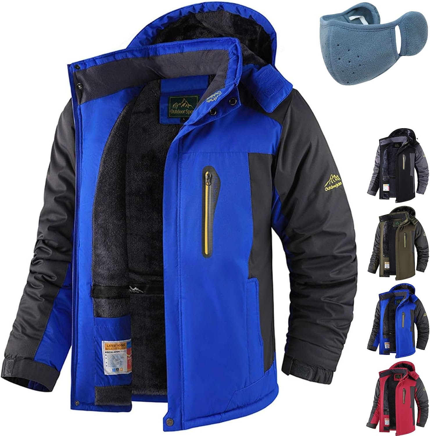 Men's Winter Ski Jacket Windproof Warm Fleece Ski Snow Coat Hooded Parka Jacket Outdoor Skiing Mountain Raincoat