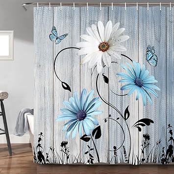 Rustic Farmhouse Floral Shower Curtain, Farm Teal Daisy Floral Butterfly Old Plank Rustic Shower Curtain, Turquoise Blue Fabric Bathroom Accessory Set with Hooks, 69 x 70,Blue