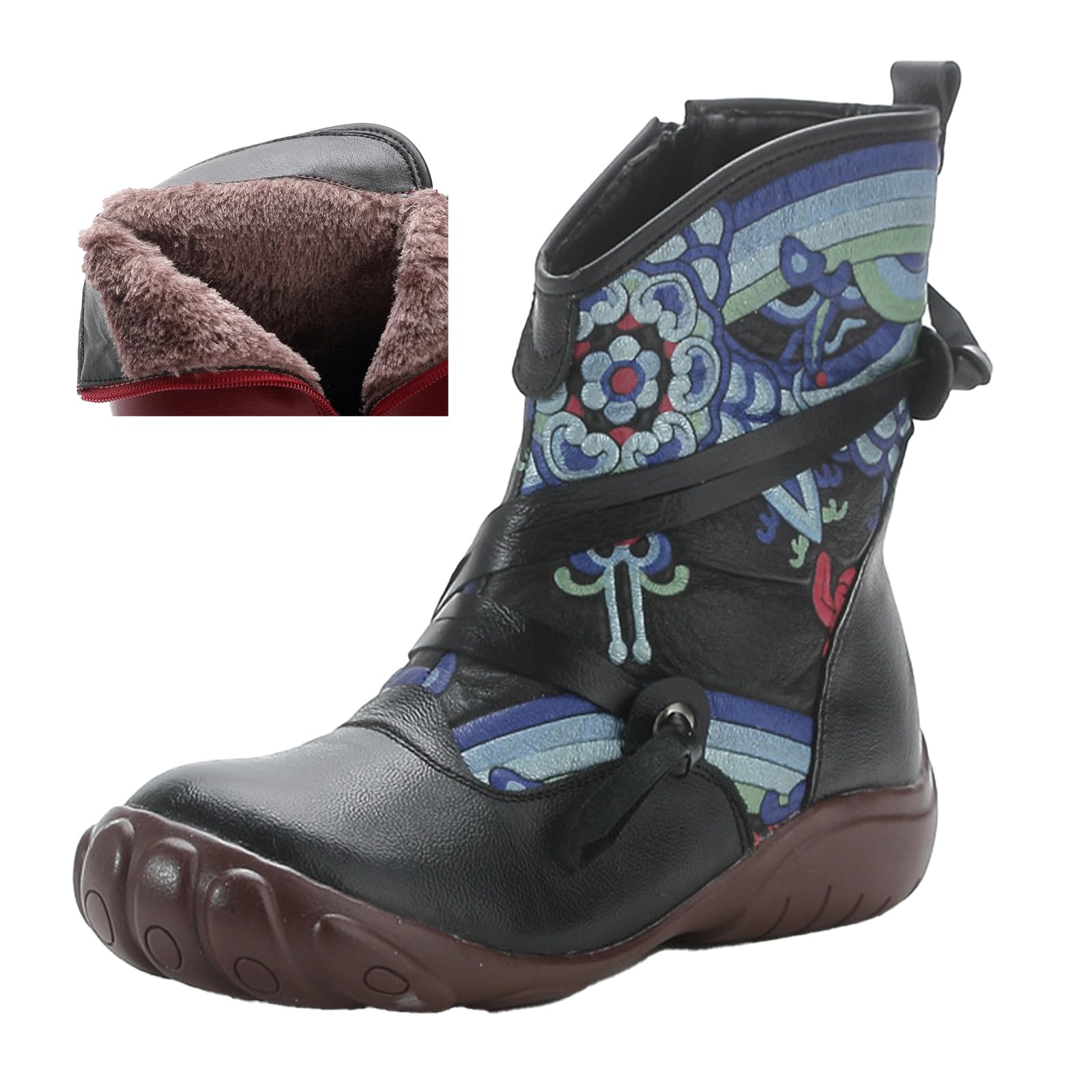 Womens Western Cowboy Boots Fall Winter Comfy Print Leather Waterproof Non-slip Soft Sole Zipper Ankle-Support Booties