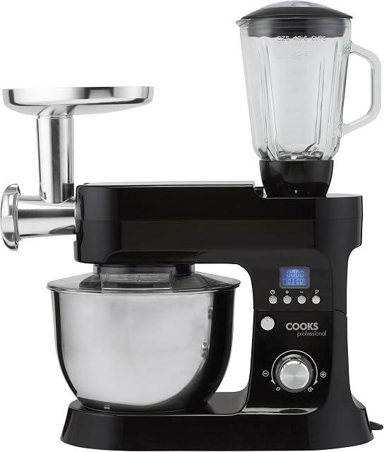 Cooks Professional 1200W Digital Stand Mixer & Mincer 10 Speed Blending Jug Food Mixer with Pulse Setting 6.2 Litre Stainless Steel Bowl Includes Dough Hook Whisk Beater & Splash Guard