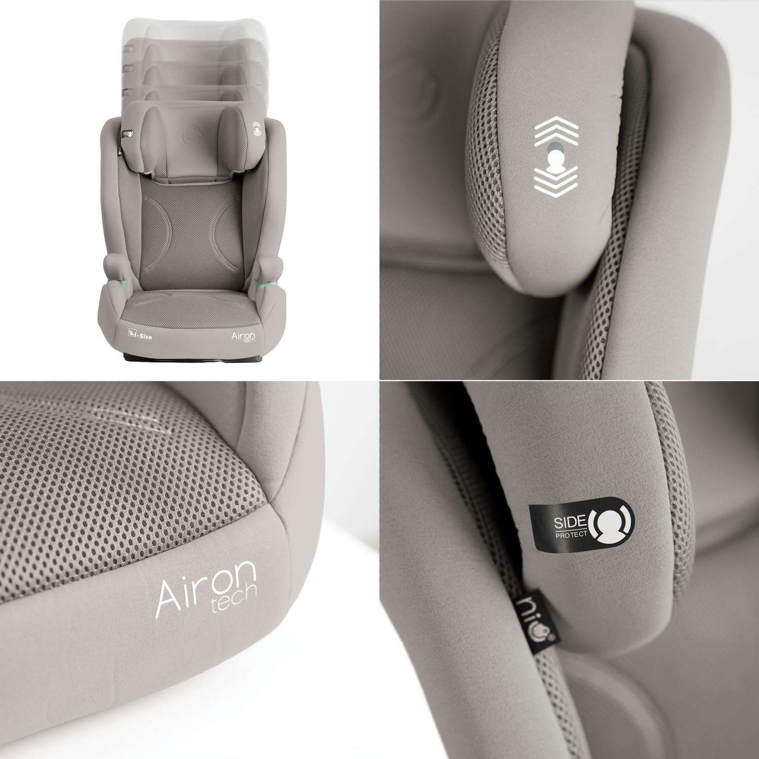 Olmitos AIRON TECH Silla de Coche i-Size 100-150 cm con ISOFIX Integrado, Asiento Infantil Reclinable, Reposacabezas Ajustable, Protección Lateral, Tejido Transpirable 3D, Respaldo ExtraíblE (Beige)