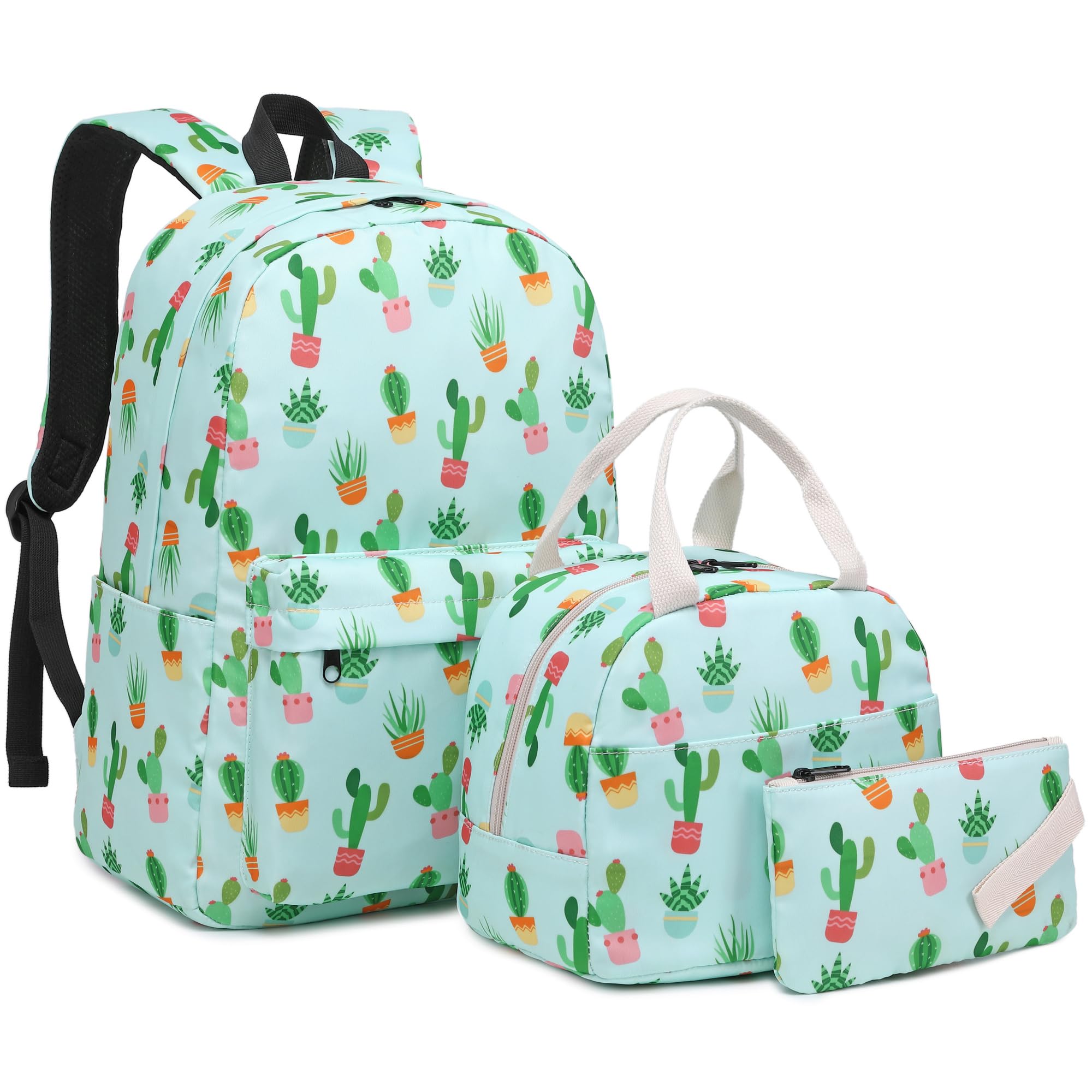 Cactus Girls School Backpack for Kids Teens, Elementary Middle School Backpacks Bookbag Set with Lunch Bag Pencil Case