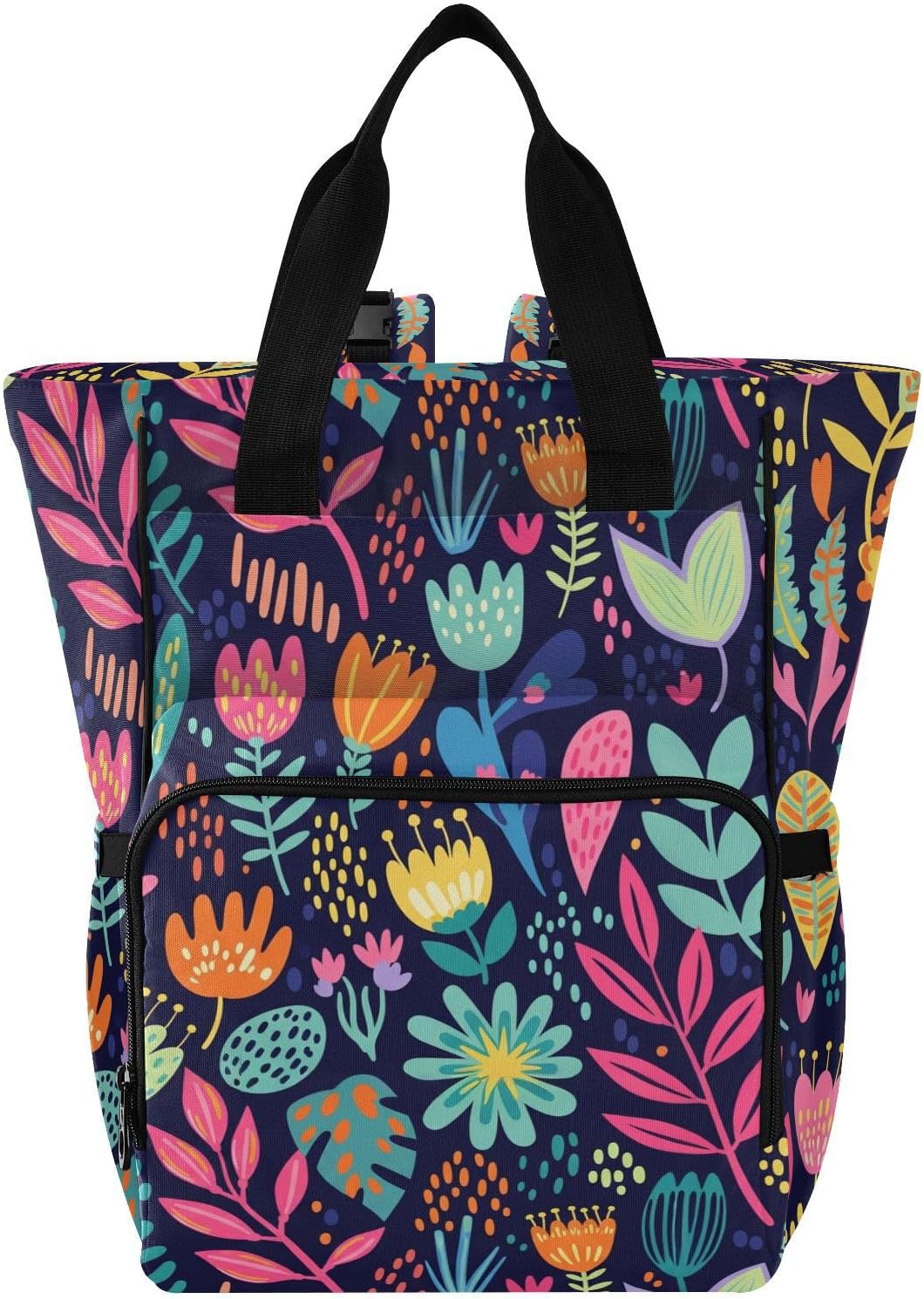 Colorful Floral Flowers Black Pattern Diaper Bag Backpack for Baby Boys Girls Multifunction Baby Essentials Travel Tote with Stroller Straps & Bottle Storage Maternity Travel Bag for Baby Gifts