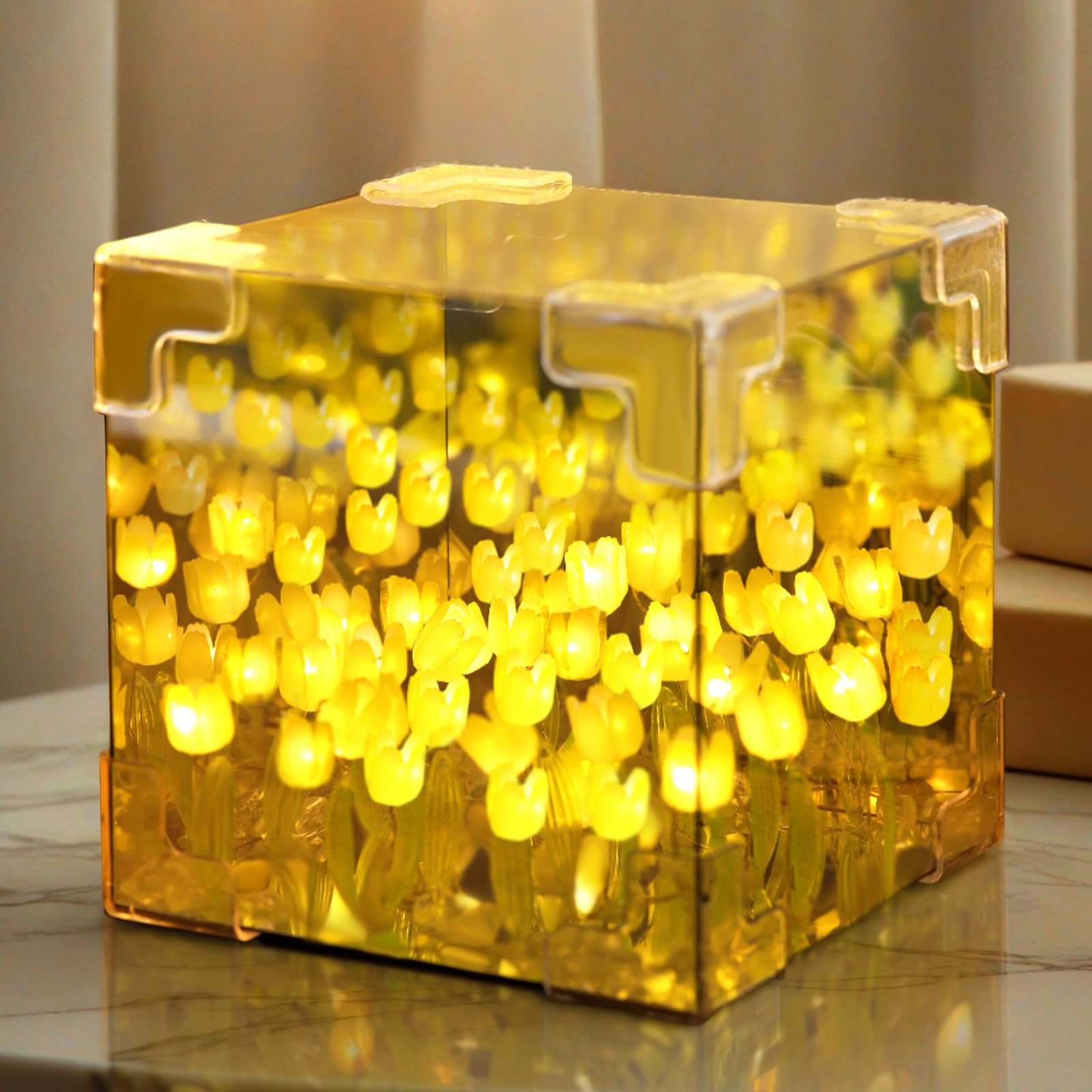 Drawelry Tulip Mirror Night Light, DIY Cube Mirror Lamp, 2 in 1 Tulips Flower Magic Light, Led Handmade Tulip Table Lamp Decoration Ornaments, Christmas, Birthday Gift for Lovers, Friends (Yellow)