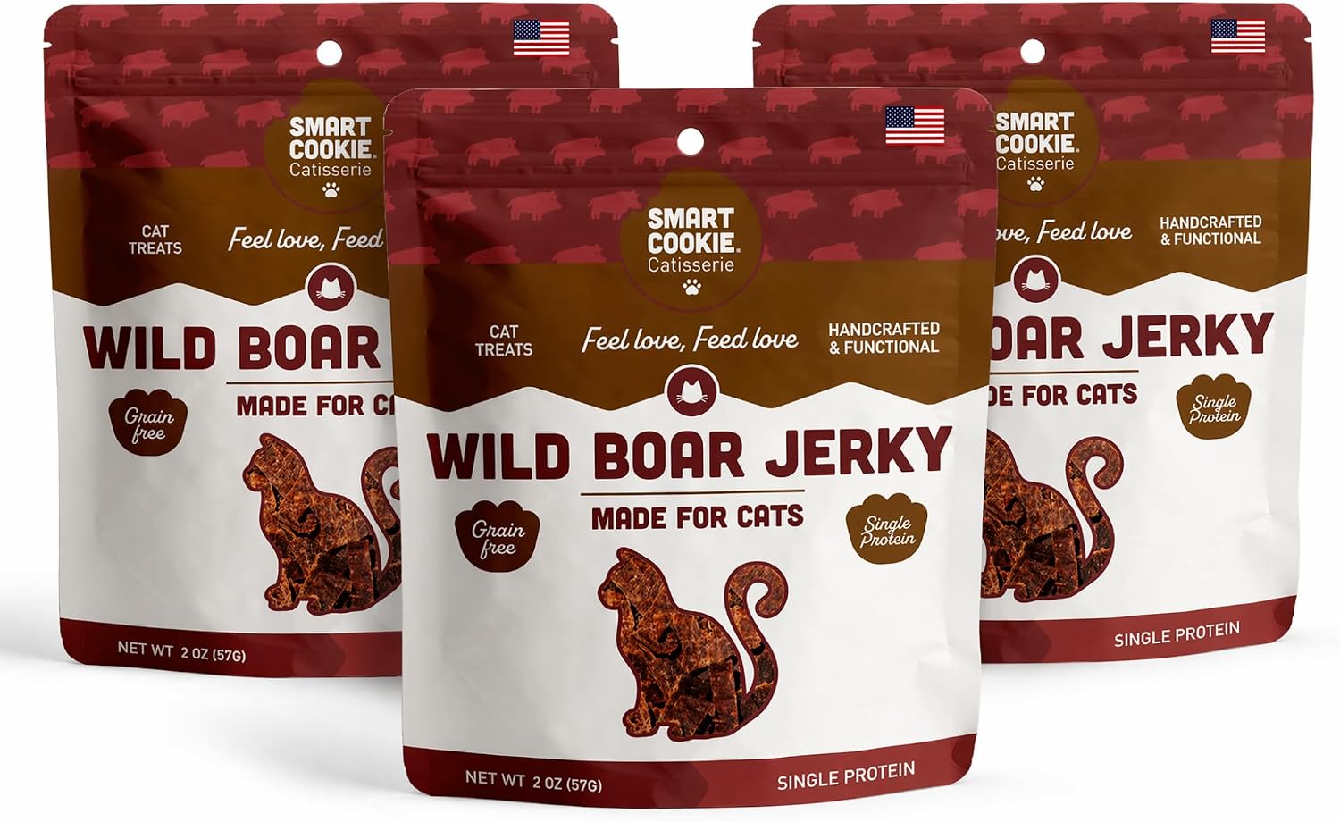 Smart Cookie Wild Boar Jerky Cat Treats – Single Ingredient, High Protein, Grain Free, Novel Protein for Selective Cats – Small Batch Handcrafted Natural Treat – Made in the USA (Pack of 3)