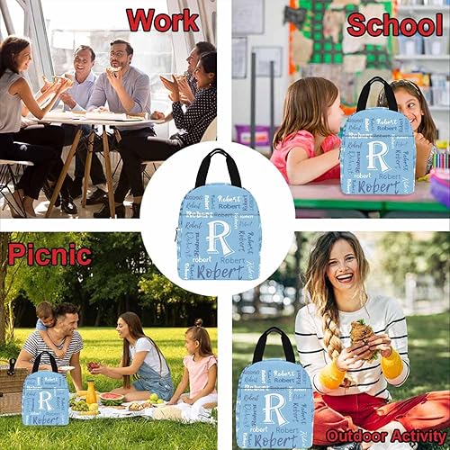 Miniatura 5 de Lonchera personalizada para niños con nombre, azul claro, blanco, texto azul, aislada con 2 bolsillos, bonitas loncheras para niñas, loncheras para