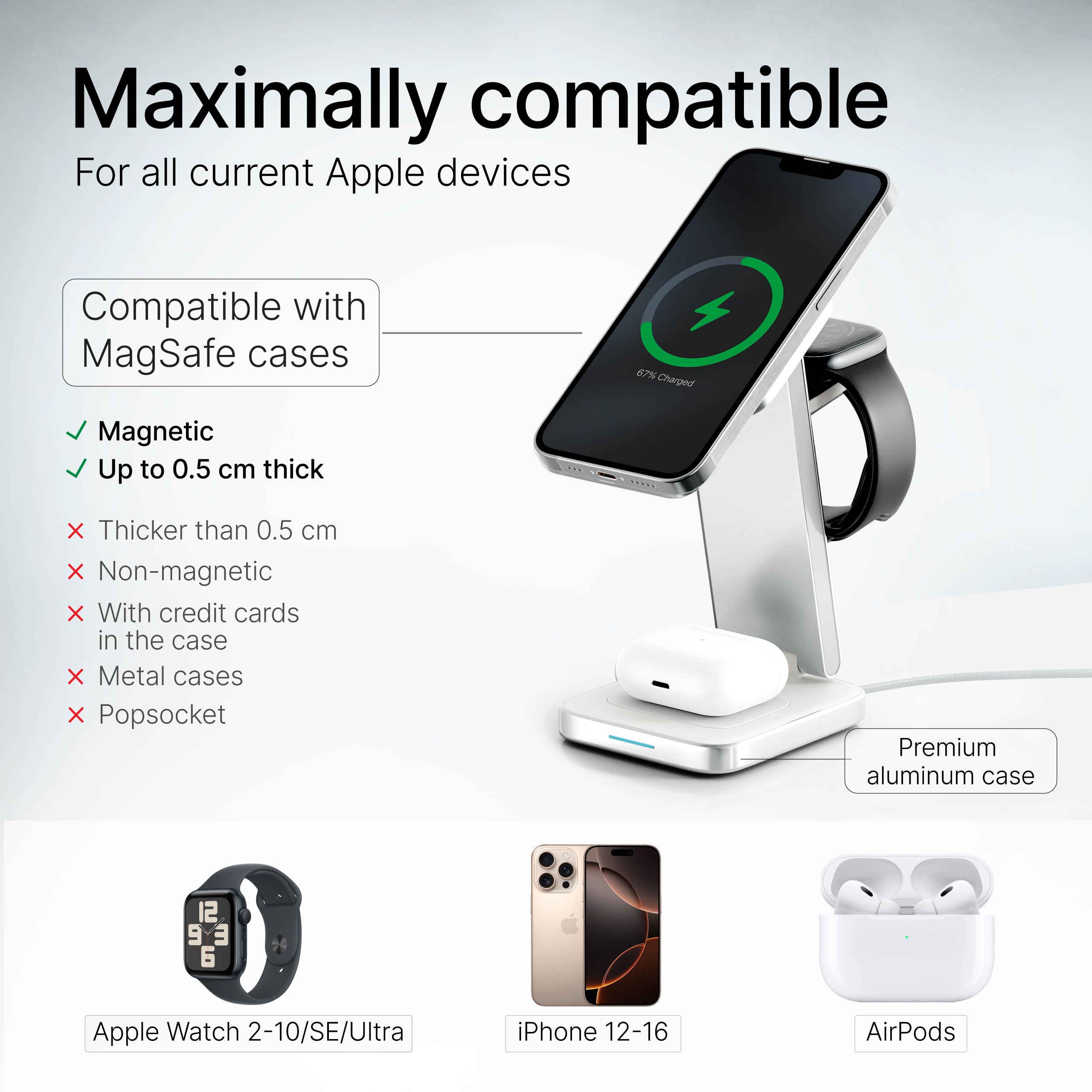 TEGLER Stazione di ricarica wireless 3 in 1 pieghevole in alluminio per smartphone, smartwatch e auricolari, con adattatore da 20W incluso