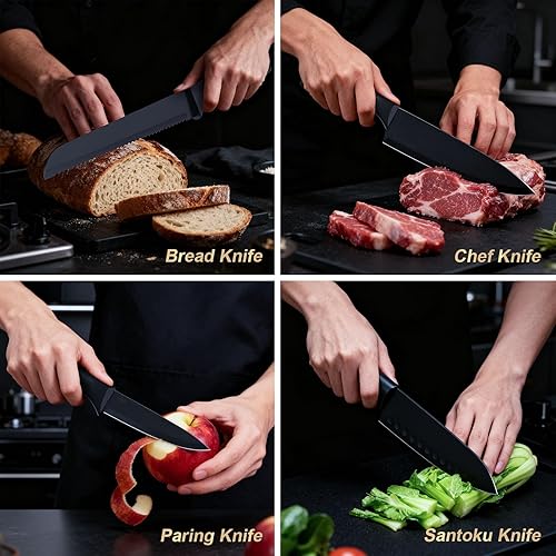 Miniatura 7 de Juego de cuchillos de cocina con bloque, juego de cuchillos de 15 piezas con afilador integrado, apto para lavavajillas, cuchillas de acero