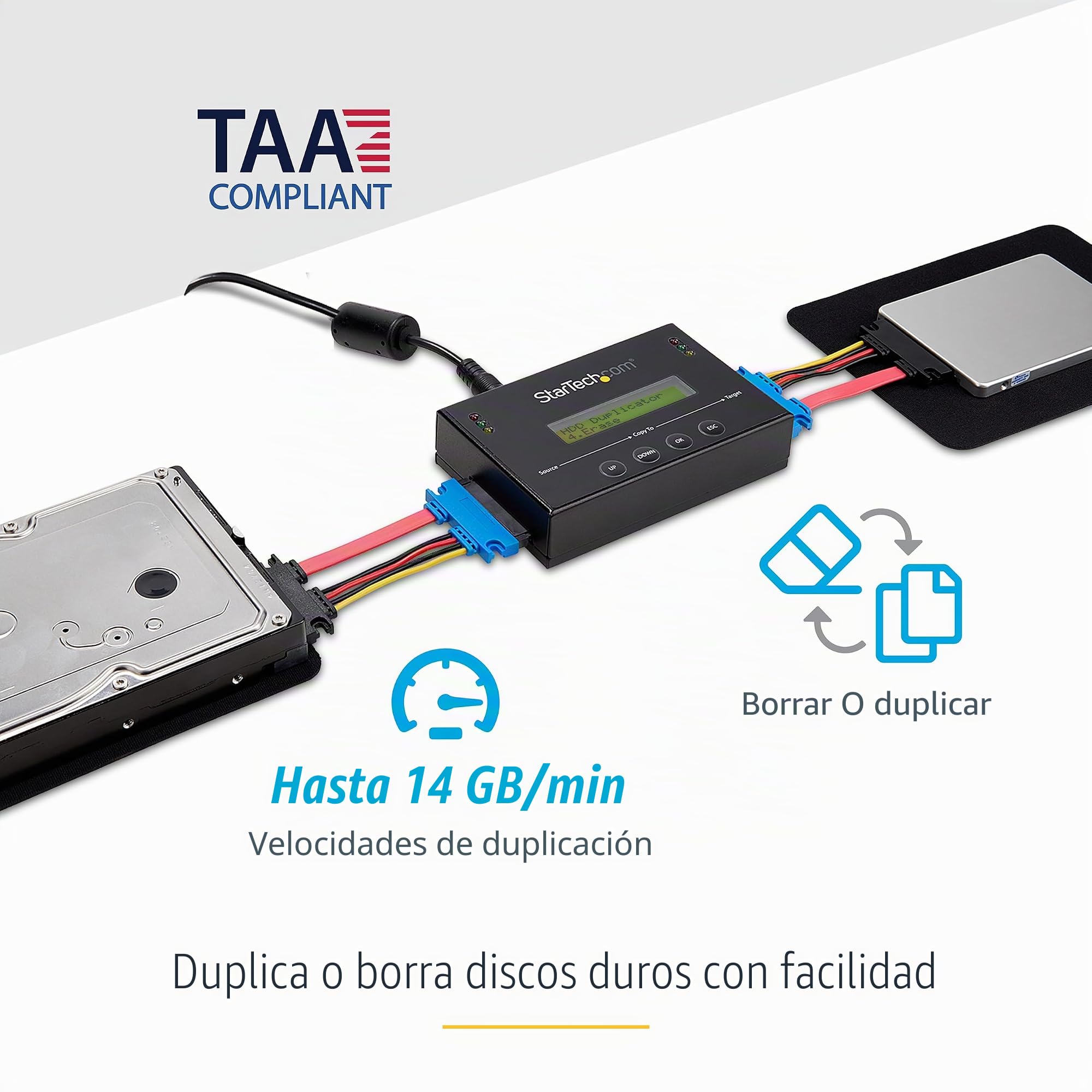 StarTech Duplicador Borrador SATA 2,5/3,5in 1:1, 14GB/min (SATDUP11) | Clonador copiador de discos, Limpiador, Sanitizador, Recuperacion