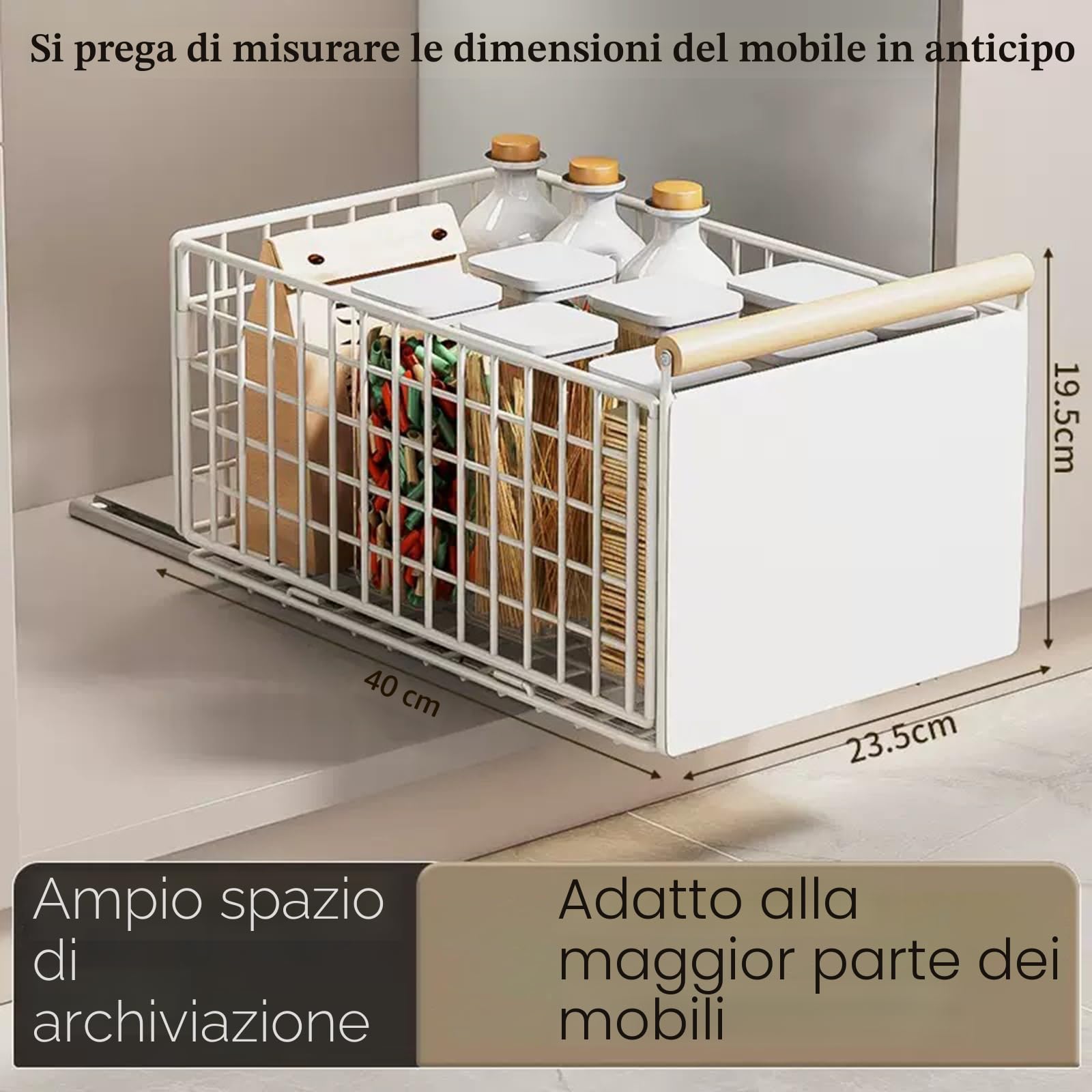 2 cassetti telescopici da cucina, cassetti estraibili, organizer per cassetti più profondi, con guide per e manico in legno, per mobili da cucina, senza fori (bianco)