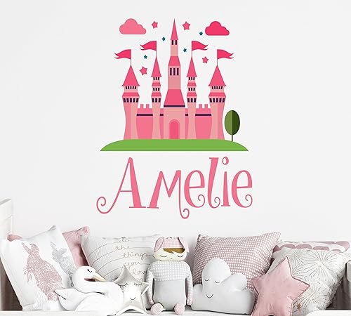 Miniatura 3 de Calcomanía de pared de castillo con nombre personalizado para niñas, mural de pared de castillo de princesa, calcomanía de pared para decoración del