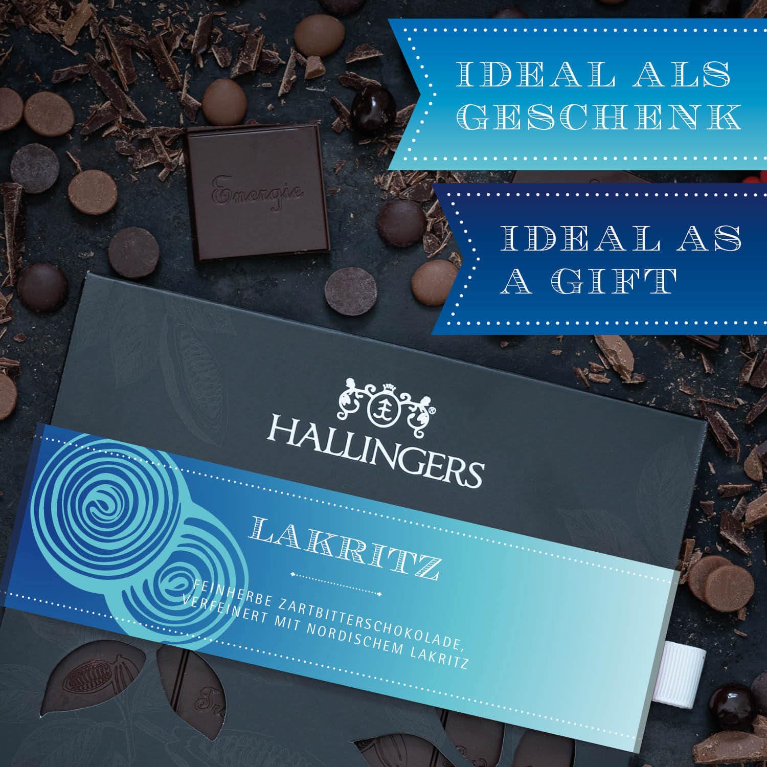 Hallingers Genuss Manufaktur Vegane Schokolade Geschenk - Tafel handgeschöpfter Edelkakao ohne Alkohol edler Karton 10x "Lakritz" Lakritz, Geschenkidee für Frauen Männer