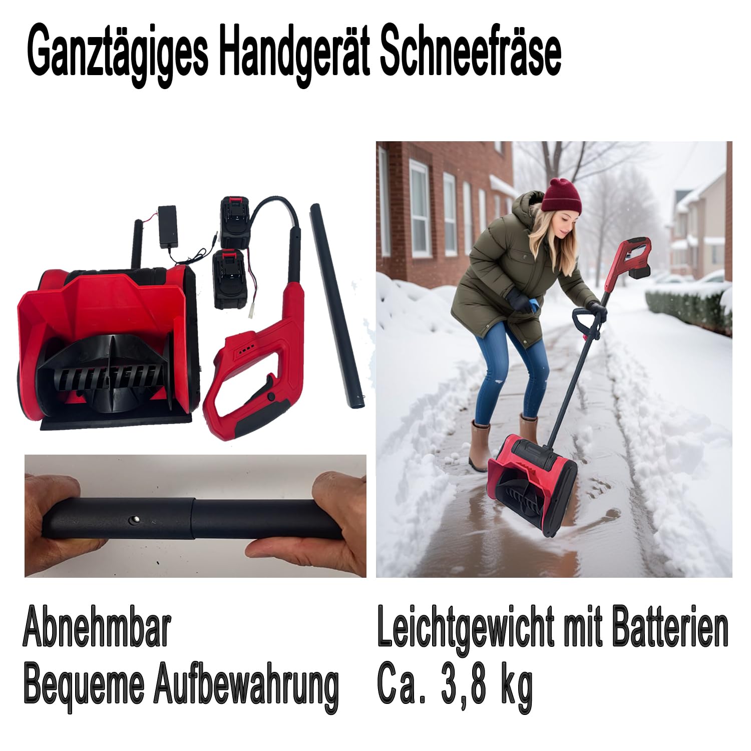Hooha Akku-Schneefräse Kein Benzingeruch Handlich Leicht zu warten Abnehmbar Schneefräsen Kabellose Snow Removal Shovel | 8m Wurfweite | Arbeitsbreite 32 cm | Schneehöhe 15cm | 21V 2.0Ah x 2 Akkus