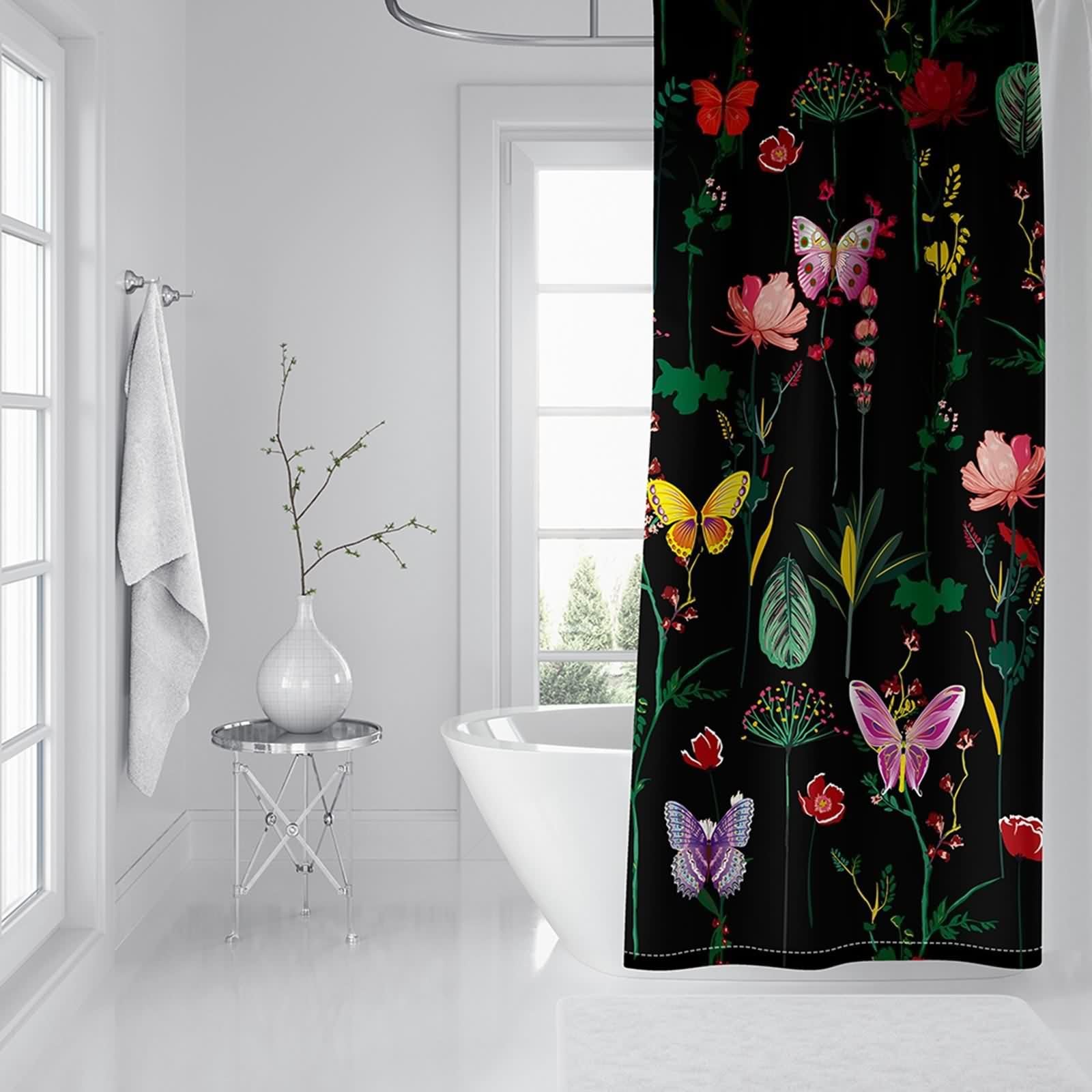 Duschvorhang Schwarz Bunt 300x200 cm Wasserdicht Waschbar, Blumen Schmetterlinge Muster Badvorhang Polyester Waschbar Stoff 3 x 2m Lang(BxH) mit Duschvorhangringen
