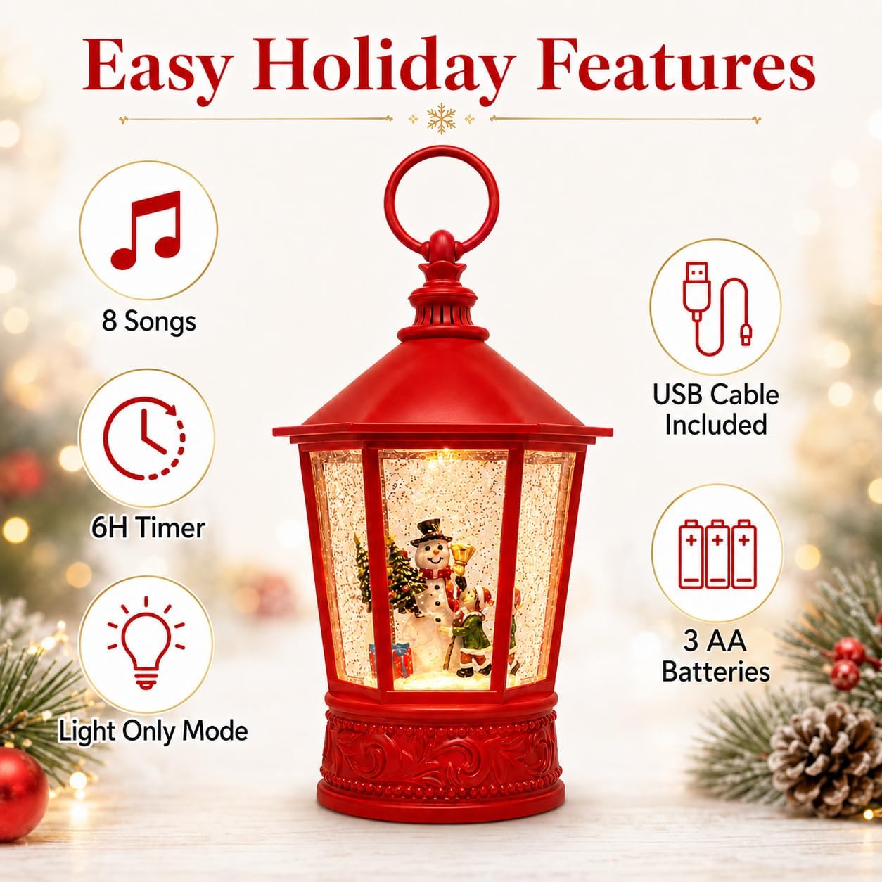 Snowman Christmas Snow Globe Lantern, 10.5" Lighted Musical Water Lantern with Swirling Glitter, 8 Christmas Songs, USB & Battery Operated, 6H Timer, Vintage Red Tabletop Christmas Decor