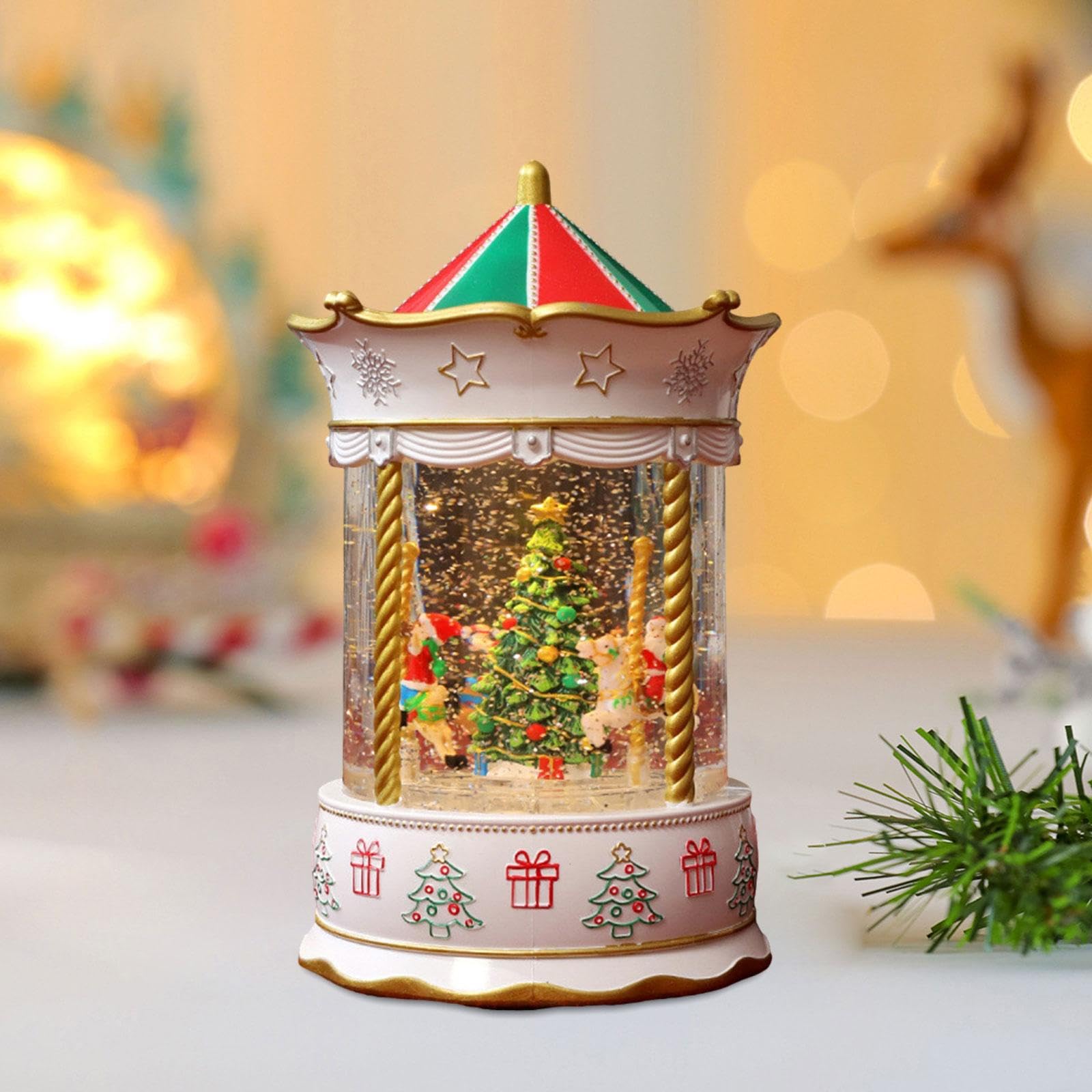 MERIGLARE Caja de Música Globo de Nieve Centro de Mesa Decoración Navideña Esfera de Cristal con Nieve Giratoria Y Alimentación USB Adecuado para Regalos, árbol Blanco, Individual