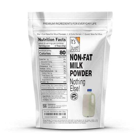 It's Just - Powdered Non-Fat (Skim) Milk, rBST/rBGH Hormone Free, Shelf Stable, Just Add Water, Makes Over 1.5 Gallon Milk, 2 Pound Milk Powder
