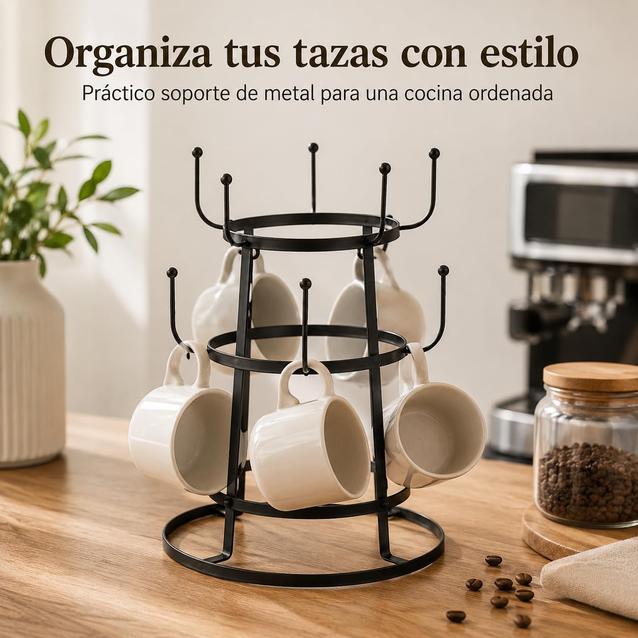 Portatazas Metálico Negro 3 Niveles 15 Ganchos Ø23×32,5 cm XZ-23184 | Diseño Circular
