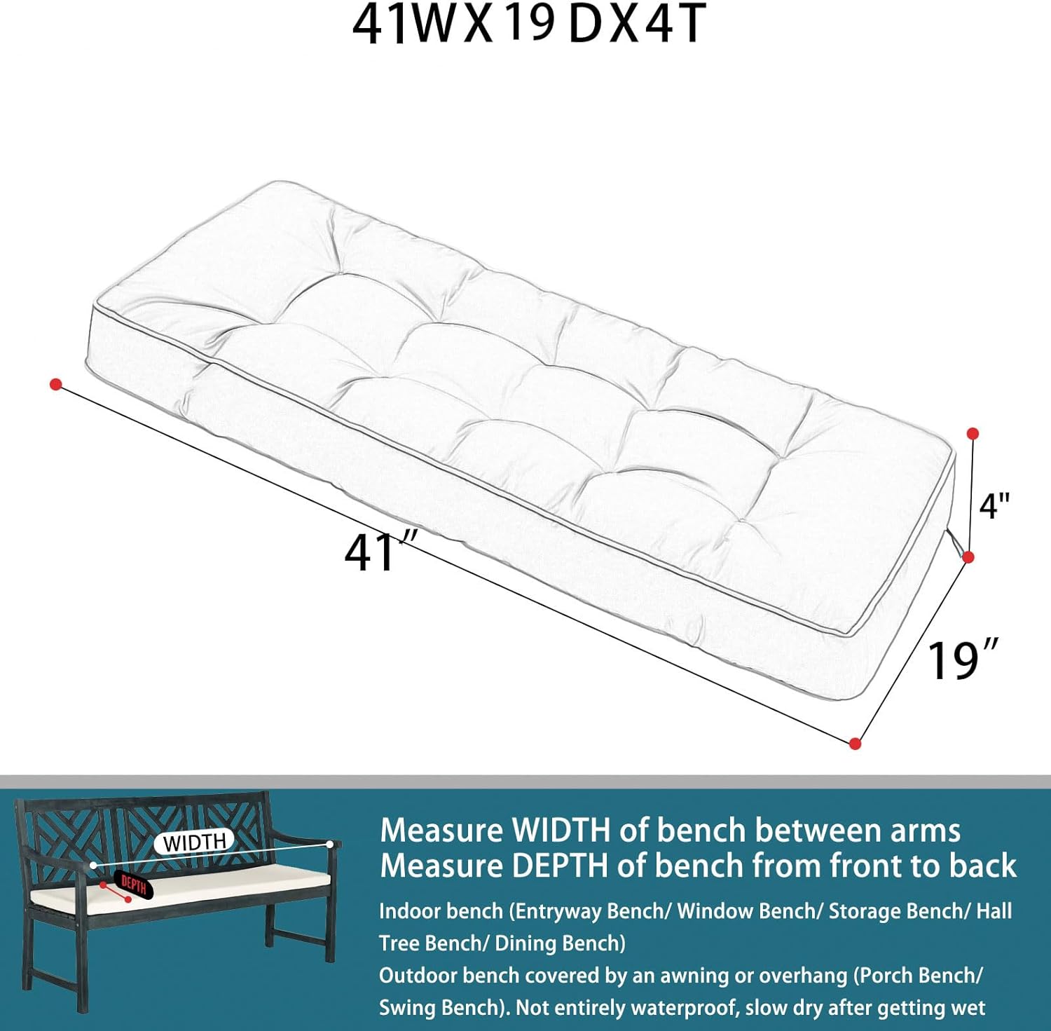 41-inch Outdoor Bench Cushion with Ties, Weather Resistant Thick Tufted Loveseat Seating Pad for Patio Porch Swing & Garden Furniture, 41" x 18" x 4"