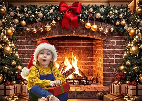 Miniatura 2 de LYCGS Fondo de fotografía de chimenea de Navidad de 7 x 5 pies, telón de fondo vintage para chimenea, árbol de Navidad, calcetín de árbol de
