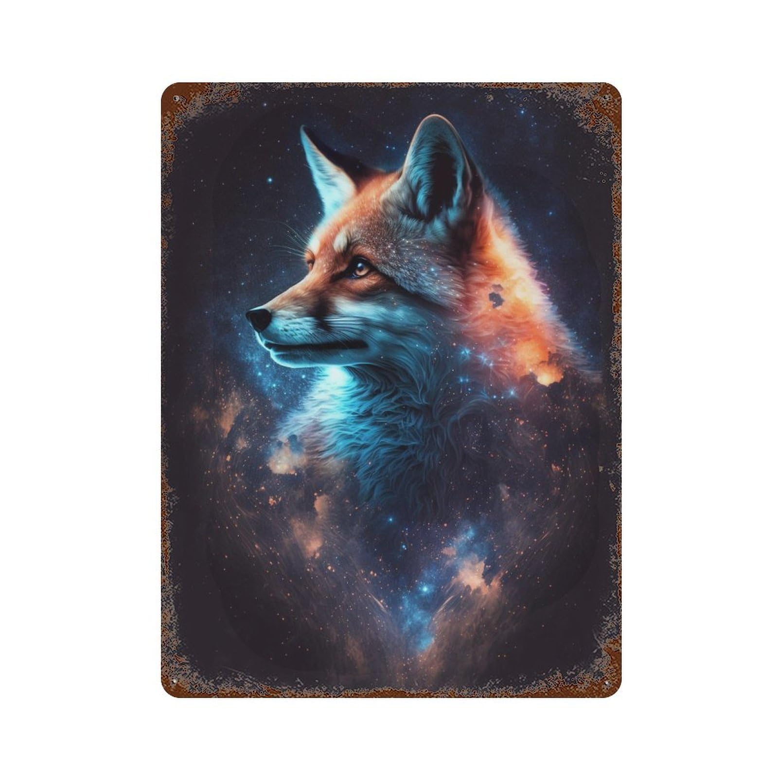 Cosmic Fox Portrait-3 Weathered Tin Sign 15.7"x11.8", Rustic Home Decor for Garage, Pub Or Kitchen
