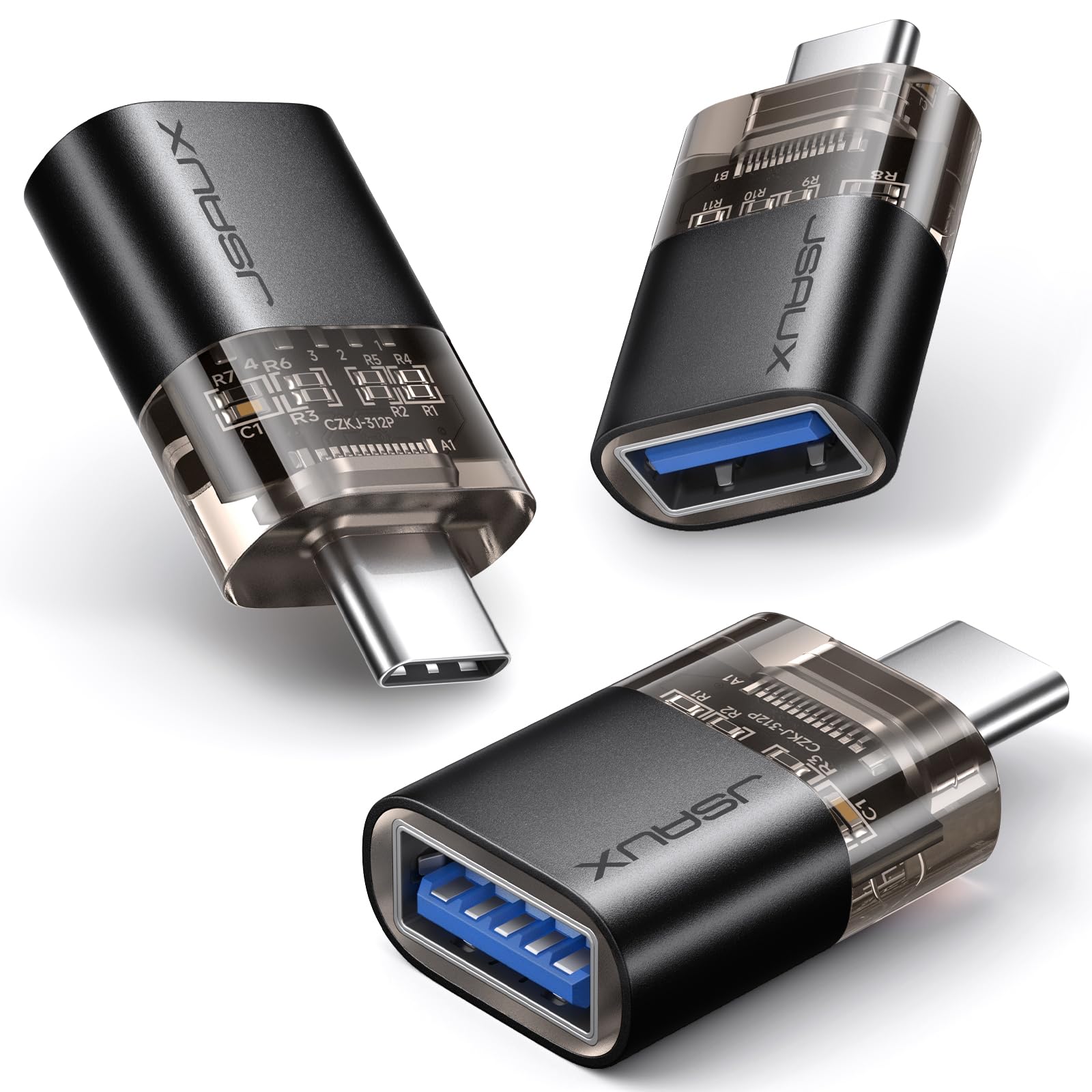 JSAUX USB C to USB Adapter [3 Pack], Type C Male to Female 3.0, Compatible With MacBook Pro/Air, iPhone 15, Samsung Galaxy S24/S23/S22/S21, All USB C Devices-Black
