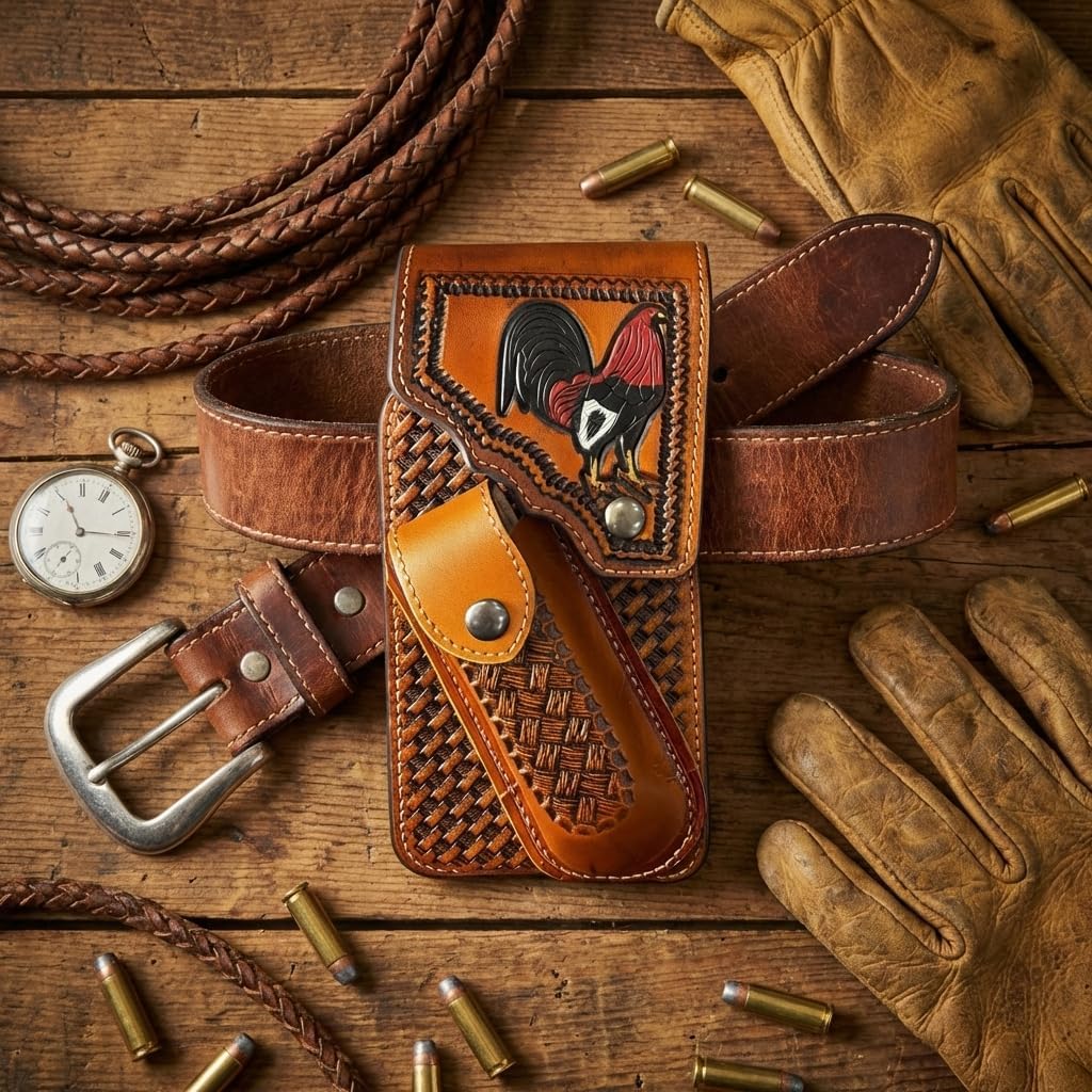 Western Phone Holster with Knife Pouch, Engraved Rooster Basketweave Belt Clip Case for Men (Light Brown)