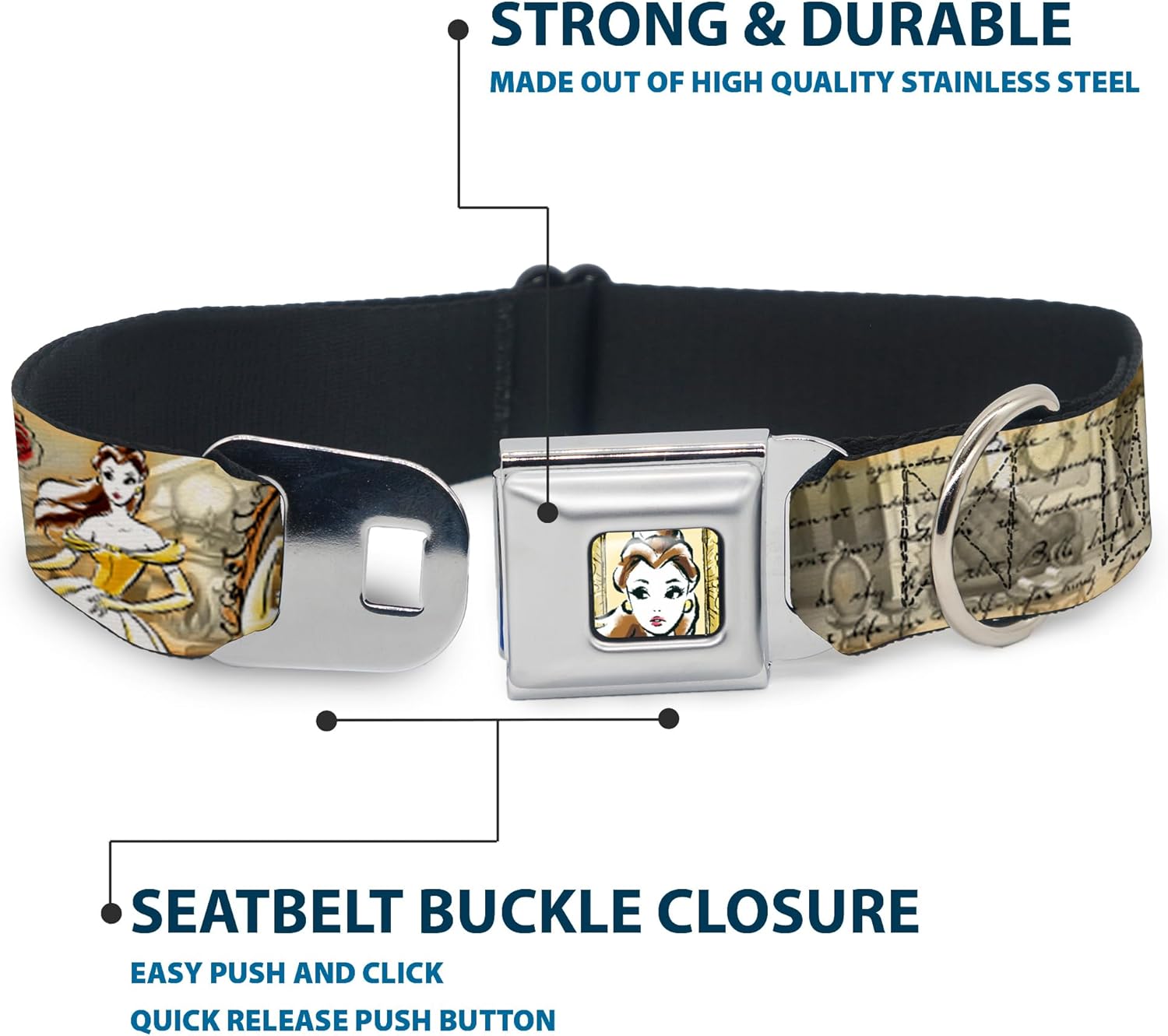 Buckle-Down Seatbelt Buckle Dog Collar - Belle Sketch Poses/Story Script - 1.5" Wide - Fits 18-32" Neck - Large