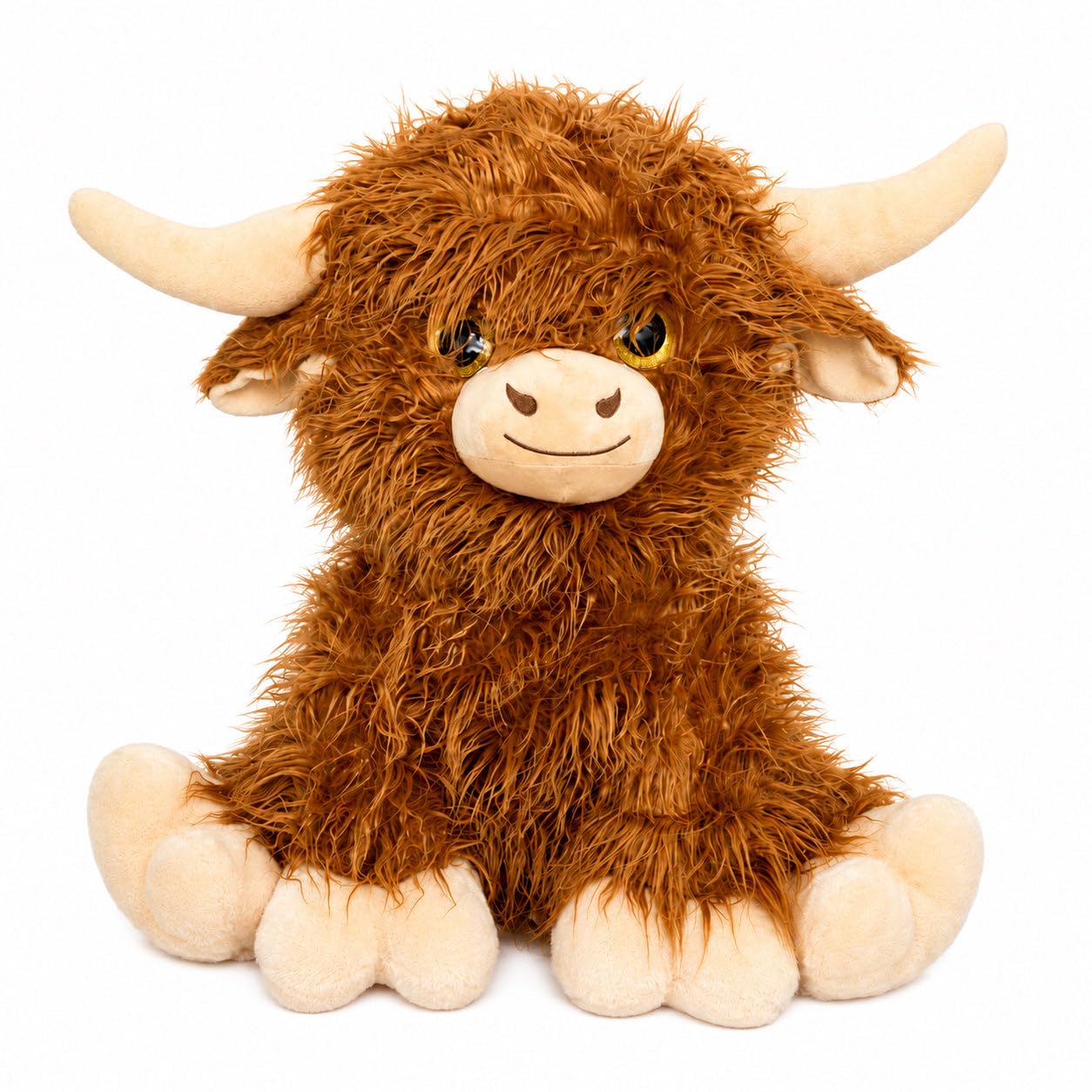 Shelby Wood Company Giant Highland Cow Plush Soft Toy – Ultra Soft Shaggy Teddy with Long Fluffy Fur, Big Sparkle Eyes & Plush Horns, Large Cuddly Stuffed Animal Gift for Kids & Cow Lovers