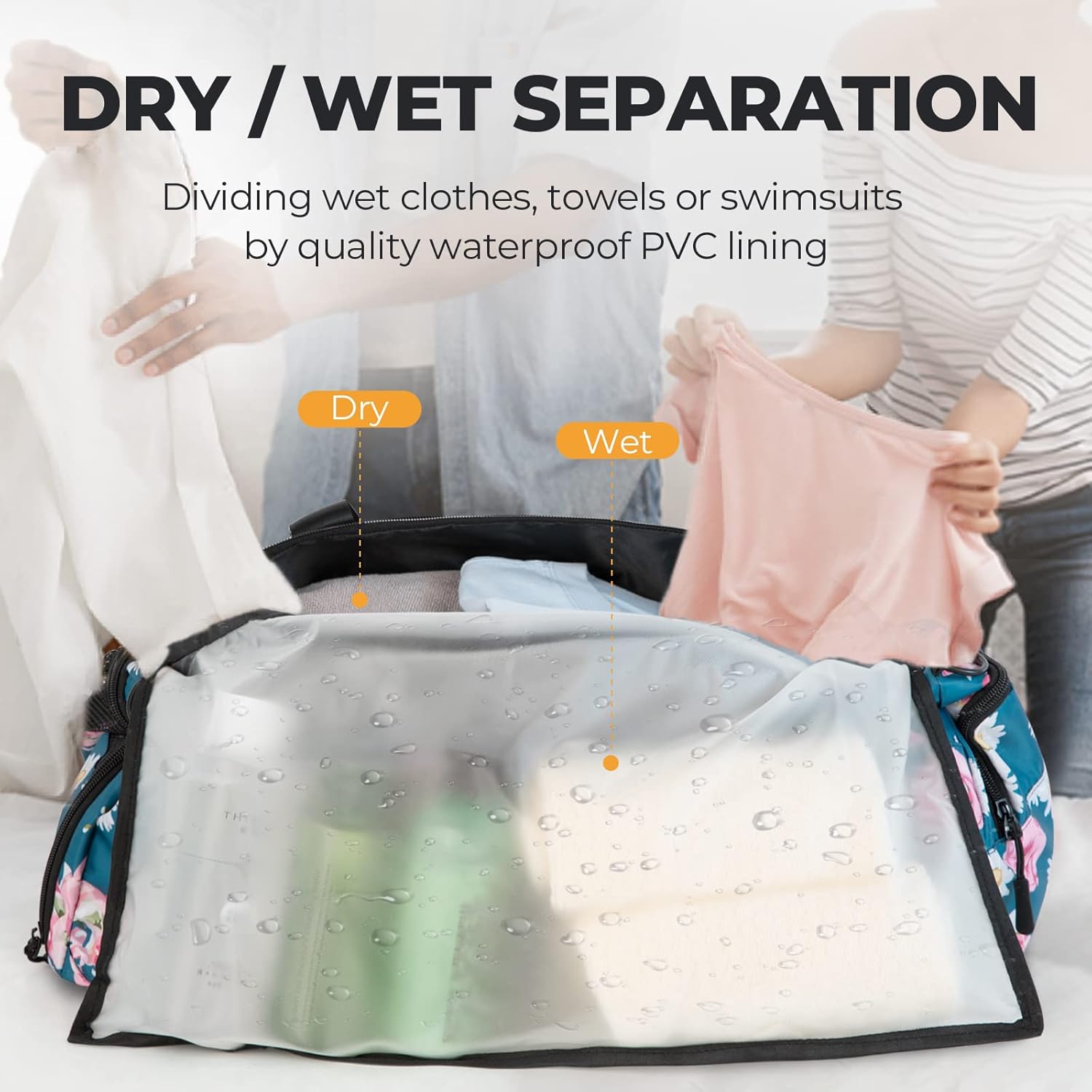 Duffel Gym Bag for Women, 40L Sports Bag for Men, Foldable Workout Bag with Shoe Compartment and Wet Pocket, Lightweight Weekender Overnight Bags (Navy Floral) - Image 3