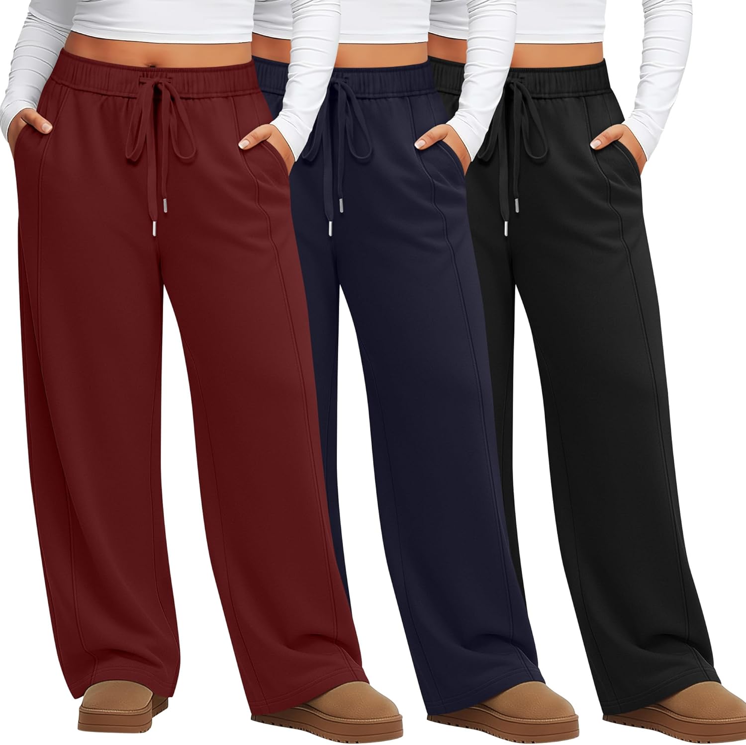 Evervibe 3 Pack Women's Plus Size Wide Leg Pants Trendy Double Side Seams High Waist Lounge Yoga Sweatpants with Pockets