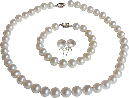 Juego de collar redondo de perlas reales para mujer, pulsera, aretes de tuerca, color marfil, beige, crema, blanco, perla, conjunto de joyas de