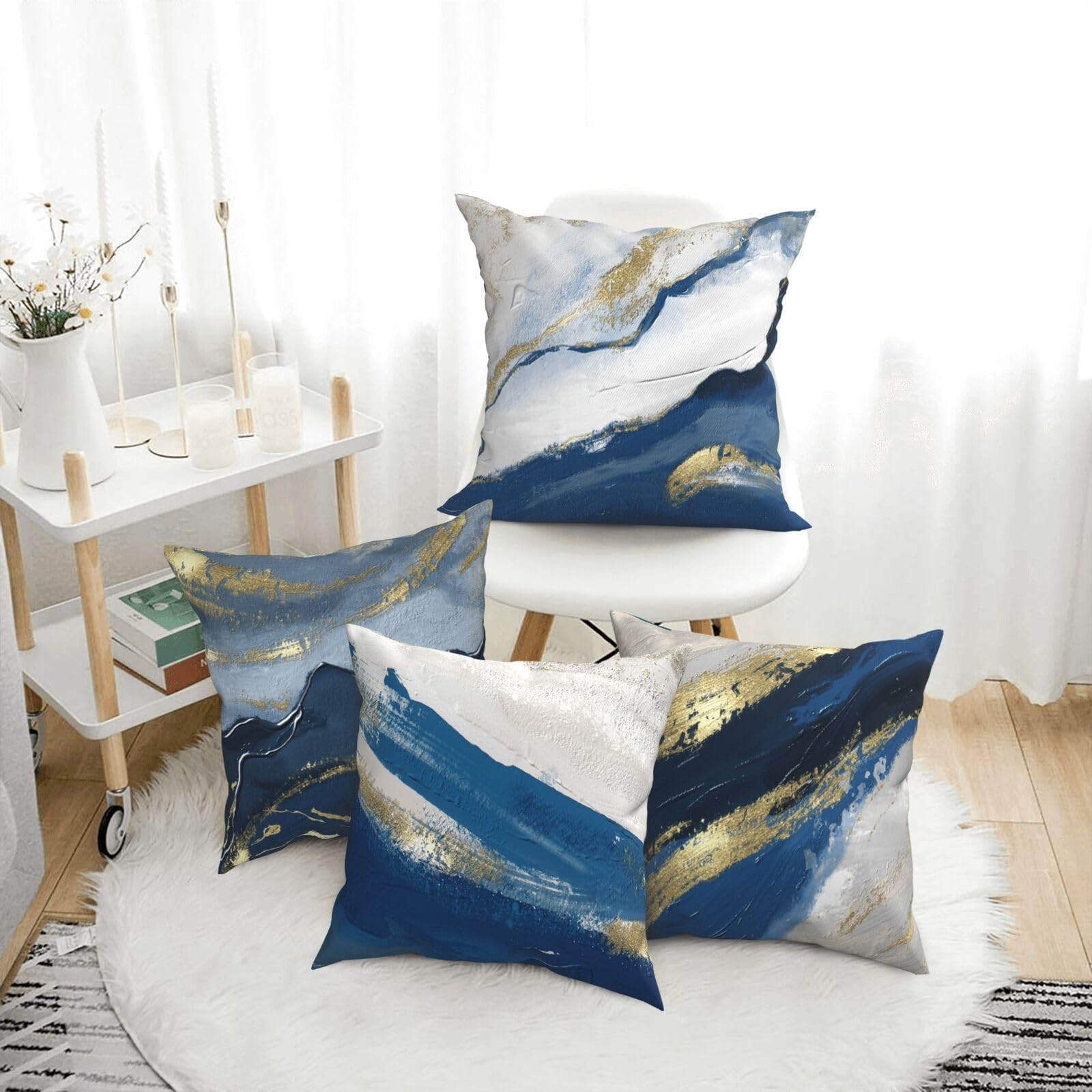 Set Of 4 Decorative Throw Pillow Covers 18x18 Inch, Modern Dark Blue Abstract Oil Painting Art Square Pillows Cover Case For Cushions Sofa Bed Cushion Living Room Farmhouse Outdoor Decoration… 2