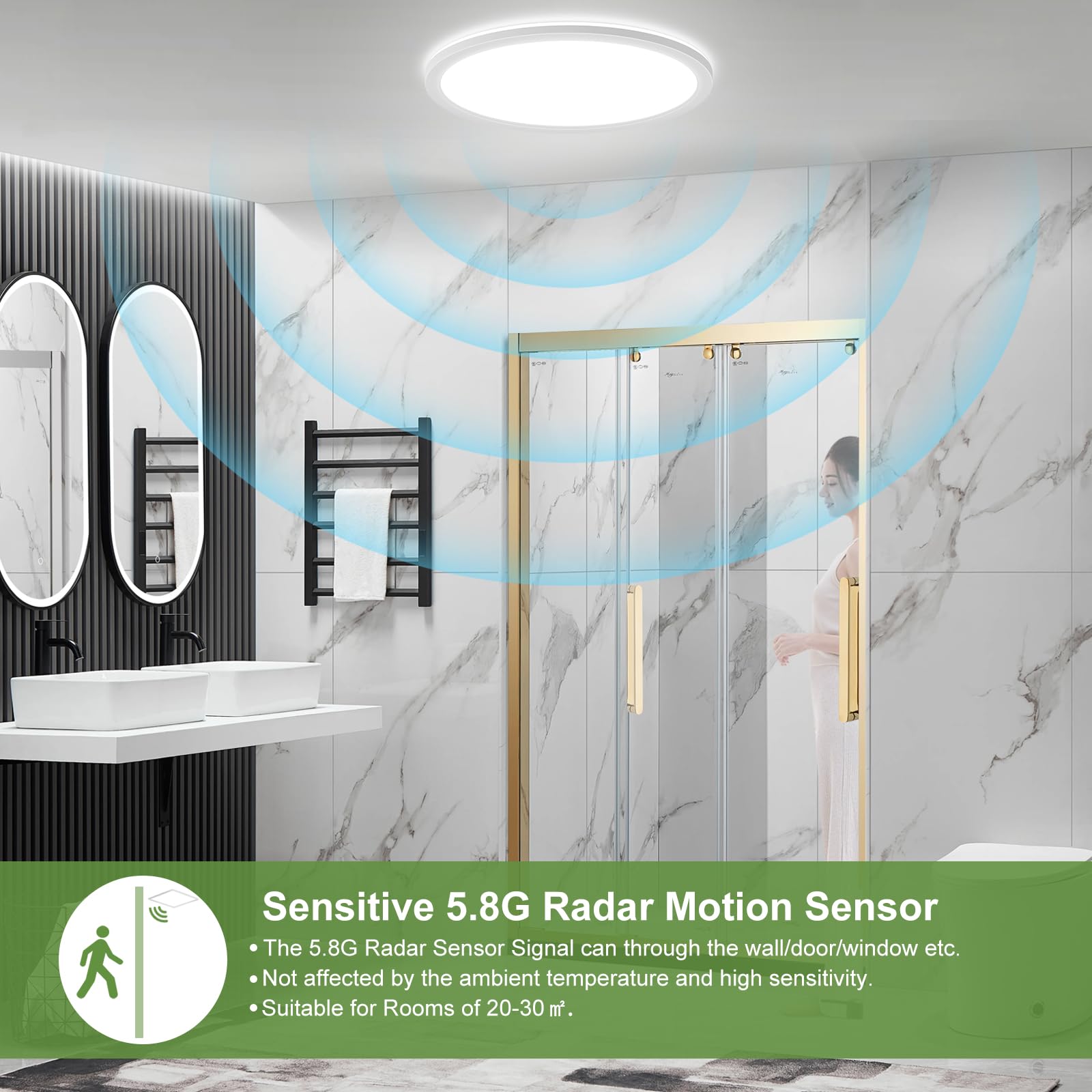 LEZOE Lámpara LED de techo con detector de movimiento, 30W 3300 lm, radar, sensor de movimiento, 3000K/4000K/6500K lámpara con sensor para baño, garaje, escaleras, sótano Ø39X2.5CM