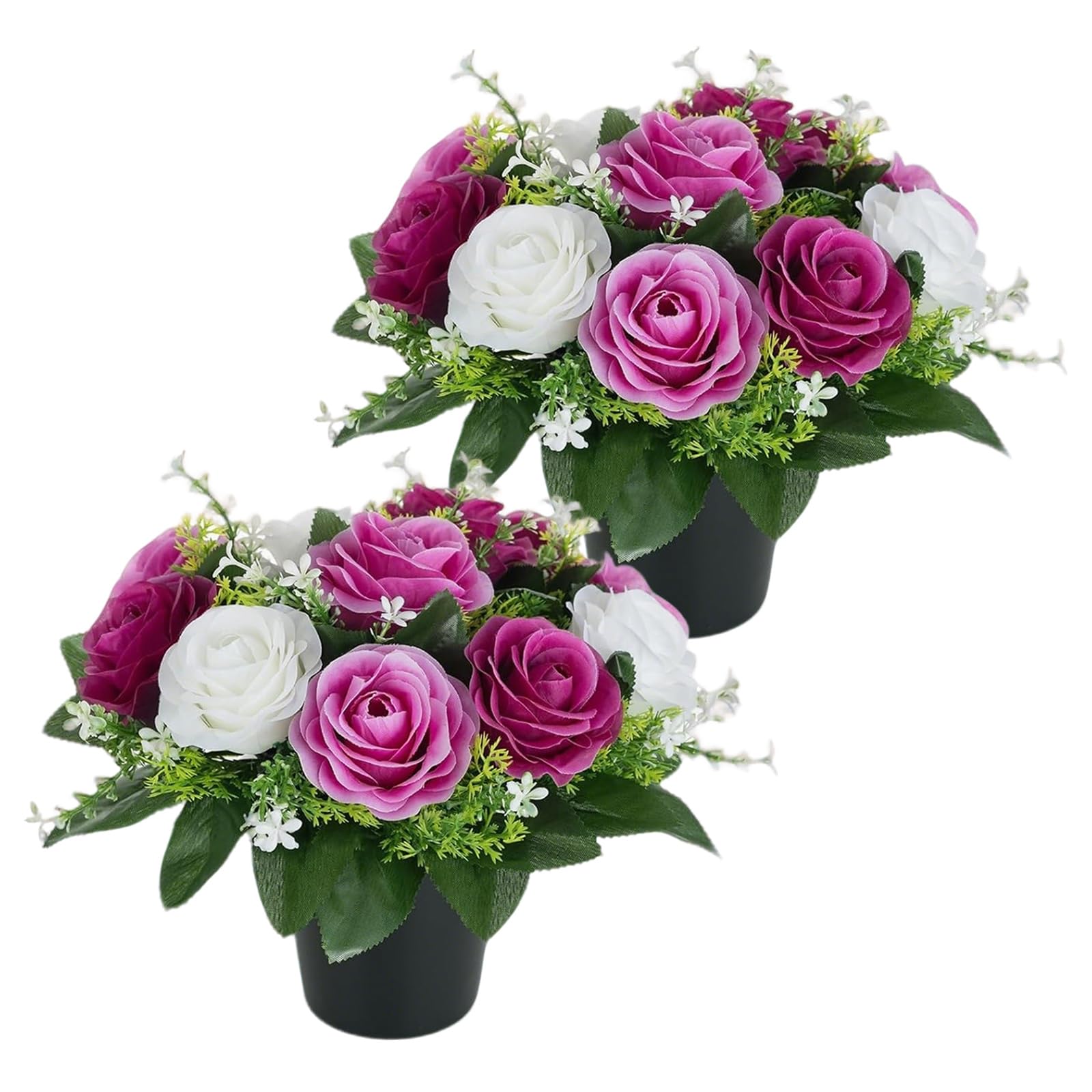 CECOMBINE 2 PCS Artificial Flowers for Graves, White Purple Lilac Roses Memorial Arrangement, 25cm Silk Memorial Grave Flowers with Pots, Weatherproof Funeral Arrangements for Outdoor Graveside