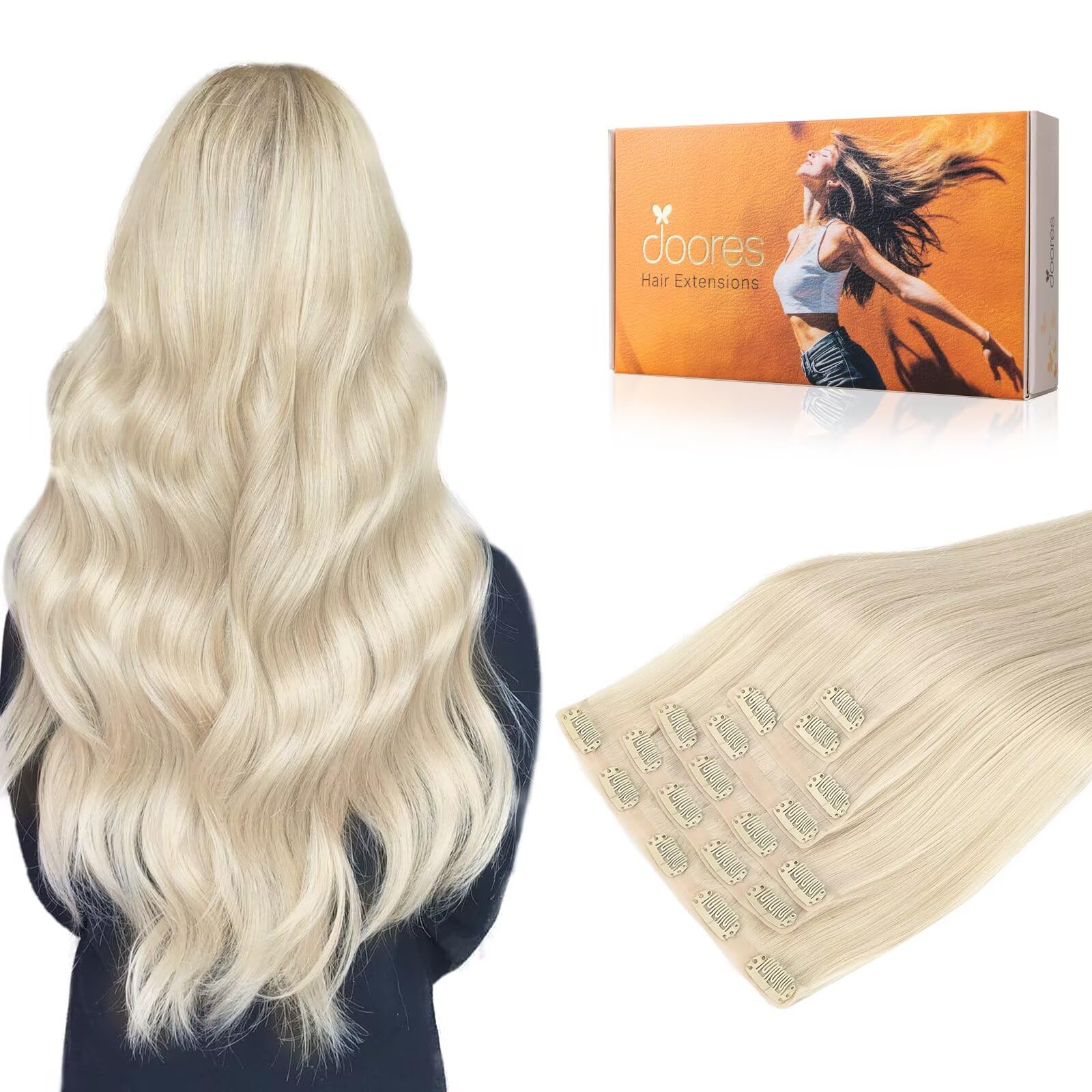 DOORES Human Hair Clip in Extensions, Platinum Blonde 150g 7pcs 20 Inch, Seamless Clip in Hair Extensions Silky Straight Weft for Women