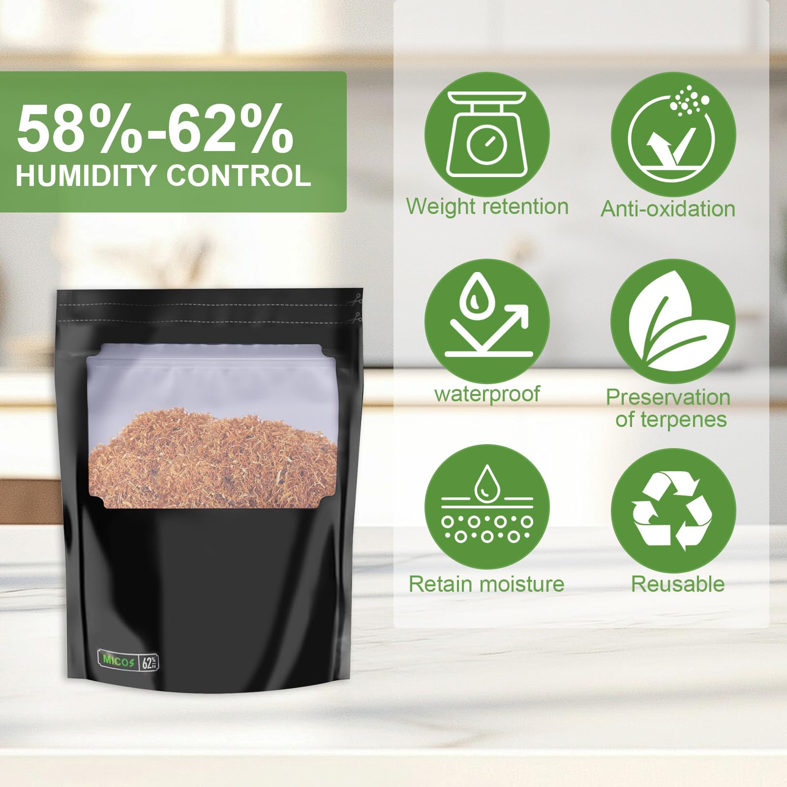 24 Stück für 100g Wiederverwendbare Aufbewahrungsbeutel, Luftdichte Aufbewahrungsbeutel mit Feuchtigkeitskontrolle (58–62%) für Lagern, Fermentieren & Aufbewahren von Kräuter (20x30x5cm)