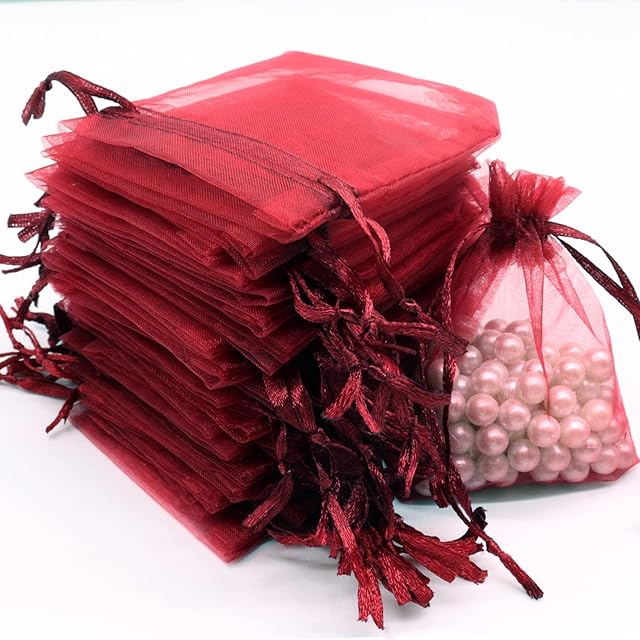 Leeyunbee 100 x 9 cm torebki z organzy w kolorze czerwonego wina, torebki na prezenty z organzy, torebki na biżuterię z organzy, torebki na cukierki, torby na prezenty ślubne ze sznurkiem, używane na