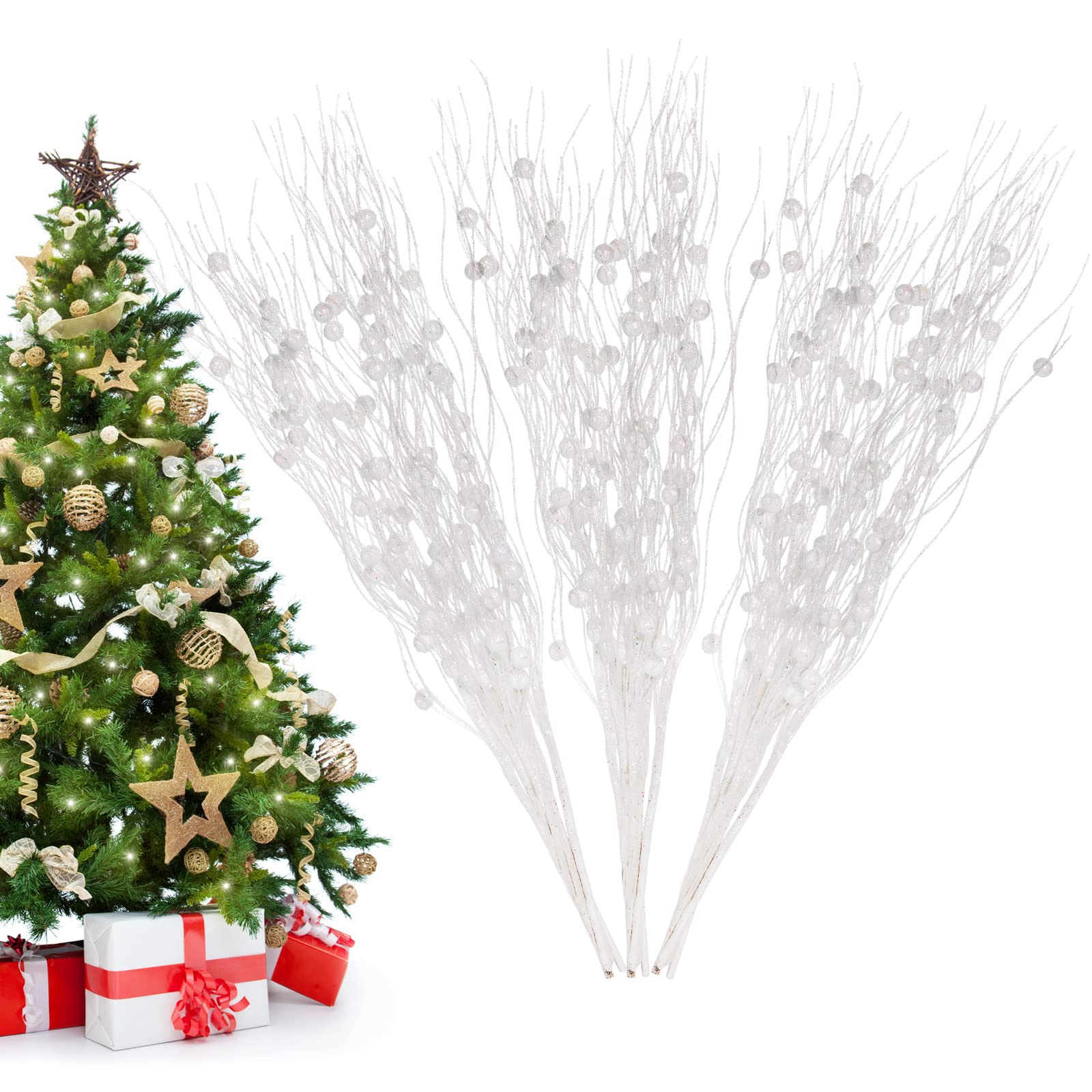 Losris Christmas Artificial Glitter Berry Stem Decorations Decorative Bead Sticks Xmas Picks Glittery Twigs Branches for Christmas Tree Wreath Gift Vase Decor Party Ornaments White 24 PCS